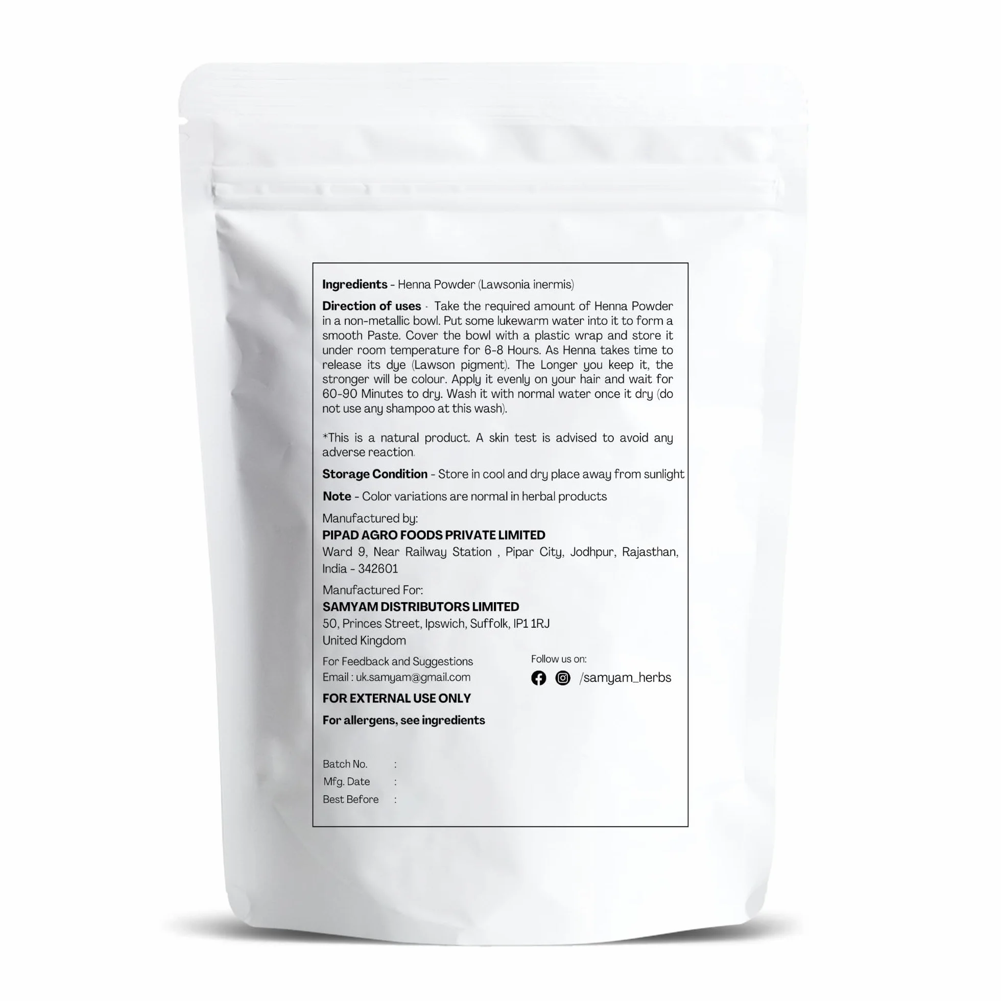 SAMYAM Poudre de henné pur - Paquet de 1 kg | Coloration capillaire naturelle, henné du Rajasthan triplement tamisé, sans PPD