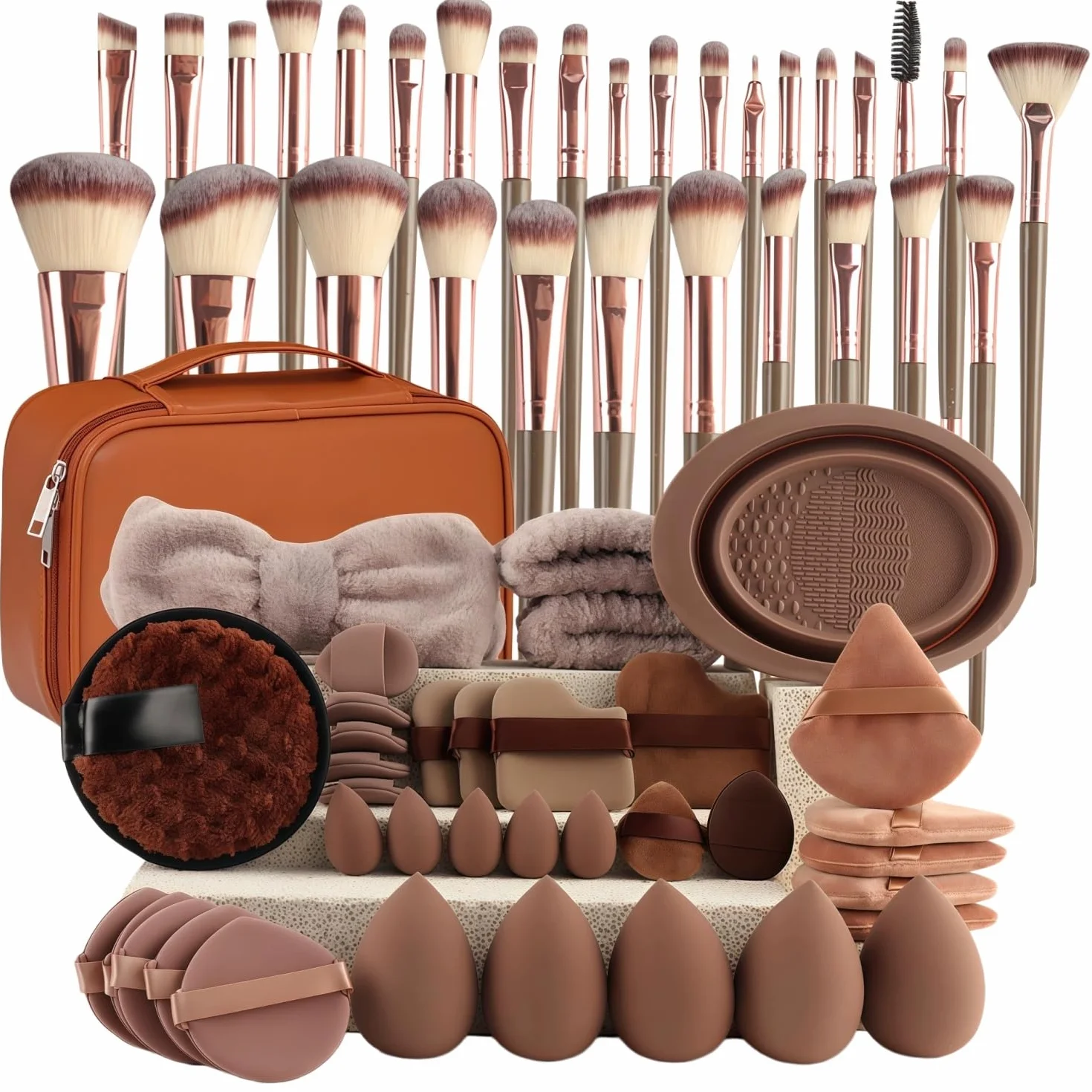 Ensemble de pinceaux de maquillage et d'éponges pour débutants, pinceaux cosmétiques synthétiques avec houppettes triangulaires, mini éponges, bandeau de spa et bracelets de lavage pour le maquillage