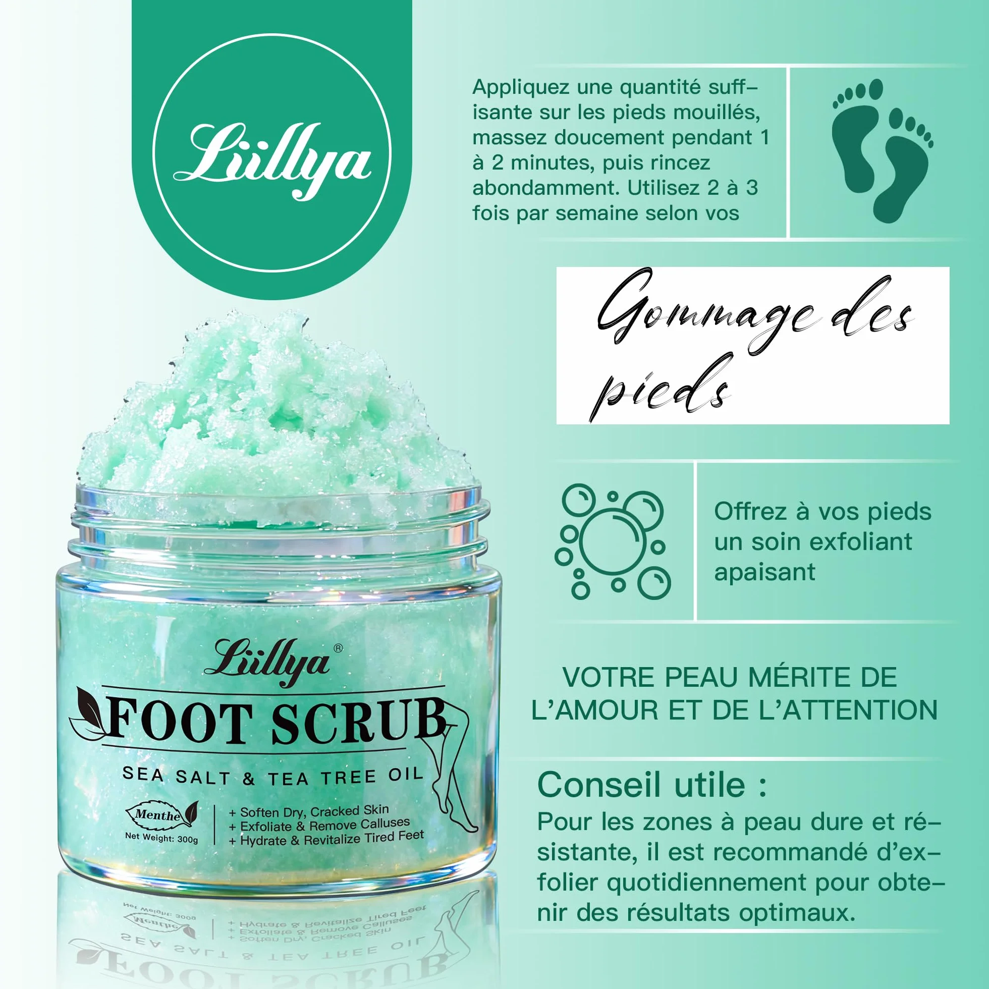 Gommage Corps & Pieds Naturel au Sel Marin, Arbre à Thé & Menthe Poivrée – Exfoliant Hydratant pour Peau Sèche, Talons & Callosités, 300g