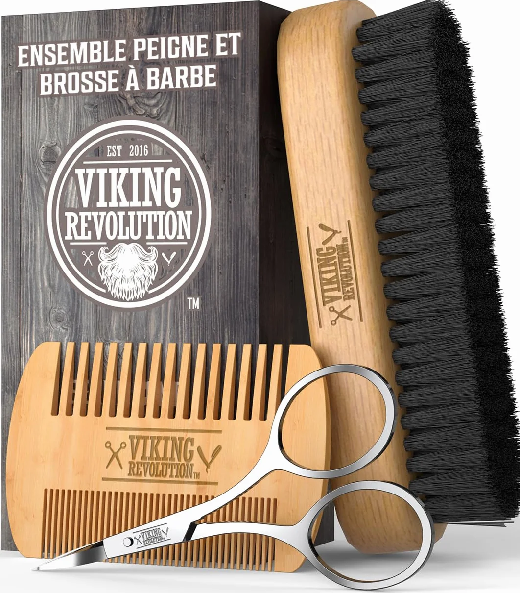 Brosse à Barbe Poil de Sanglier Naturel Peigne Bois Poirier Viking Revolution avec Pochette Voyage Velours