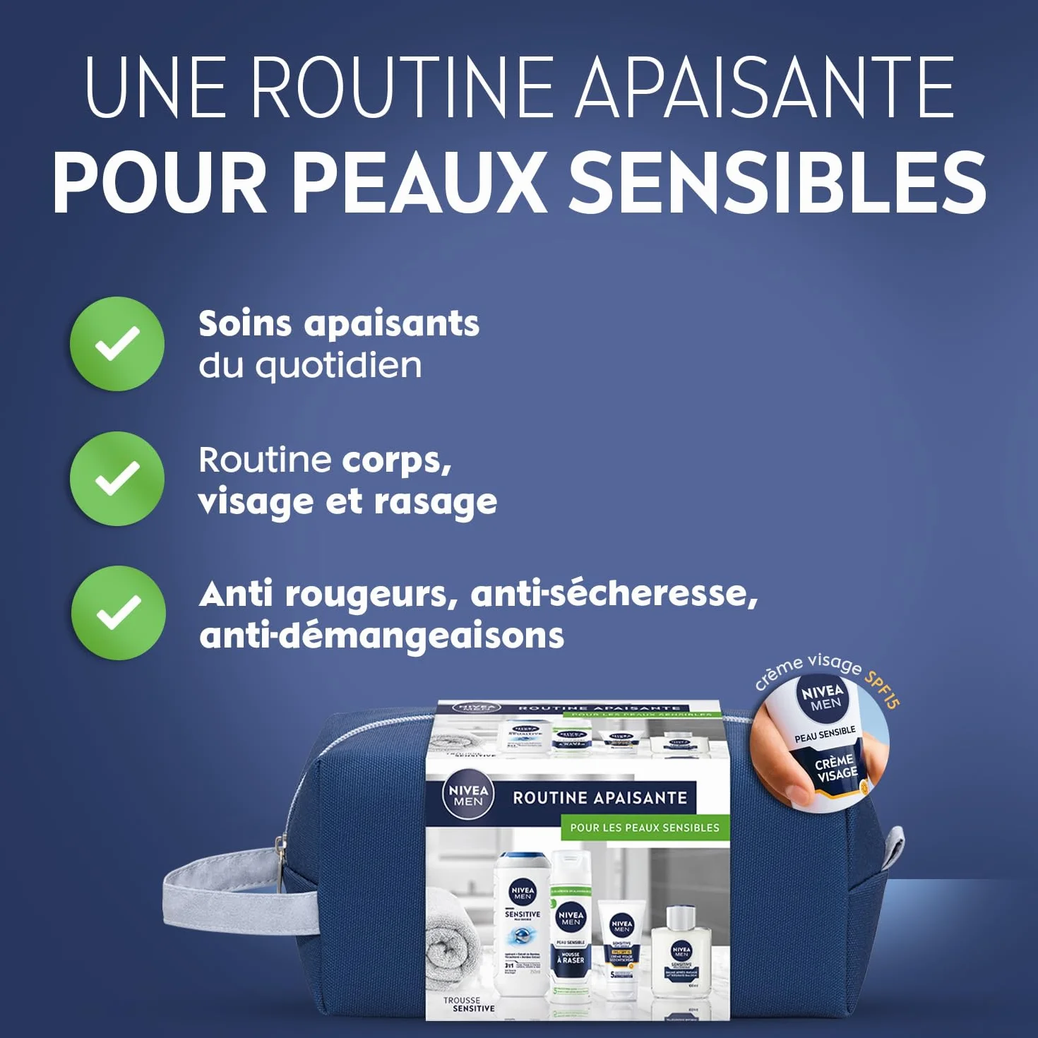 NIVEA MEN Gel Douche 3-en-1 250 ml + Mousse À Raser 200 ml + Baume Après-Rasage 100 ml + Crème Visage FPS 15 75 ml Routine Apaisante Corps & Visage Peaux Sensibles