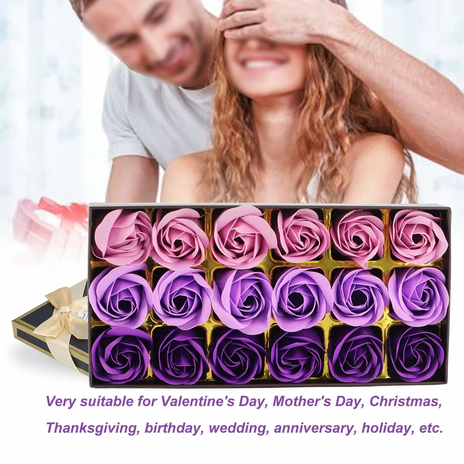 Coffret Cadeau Romantique Savon Rose Dégradé Violet Fait à la Main 18 Fleurs de Jouet