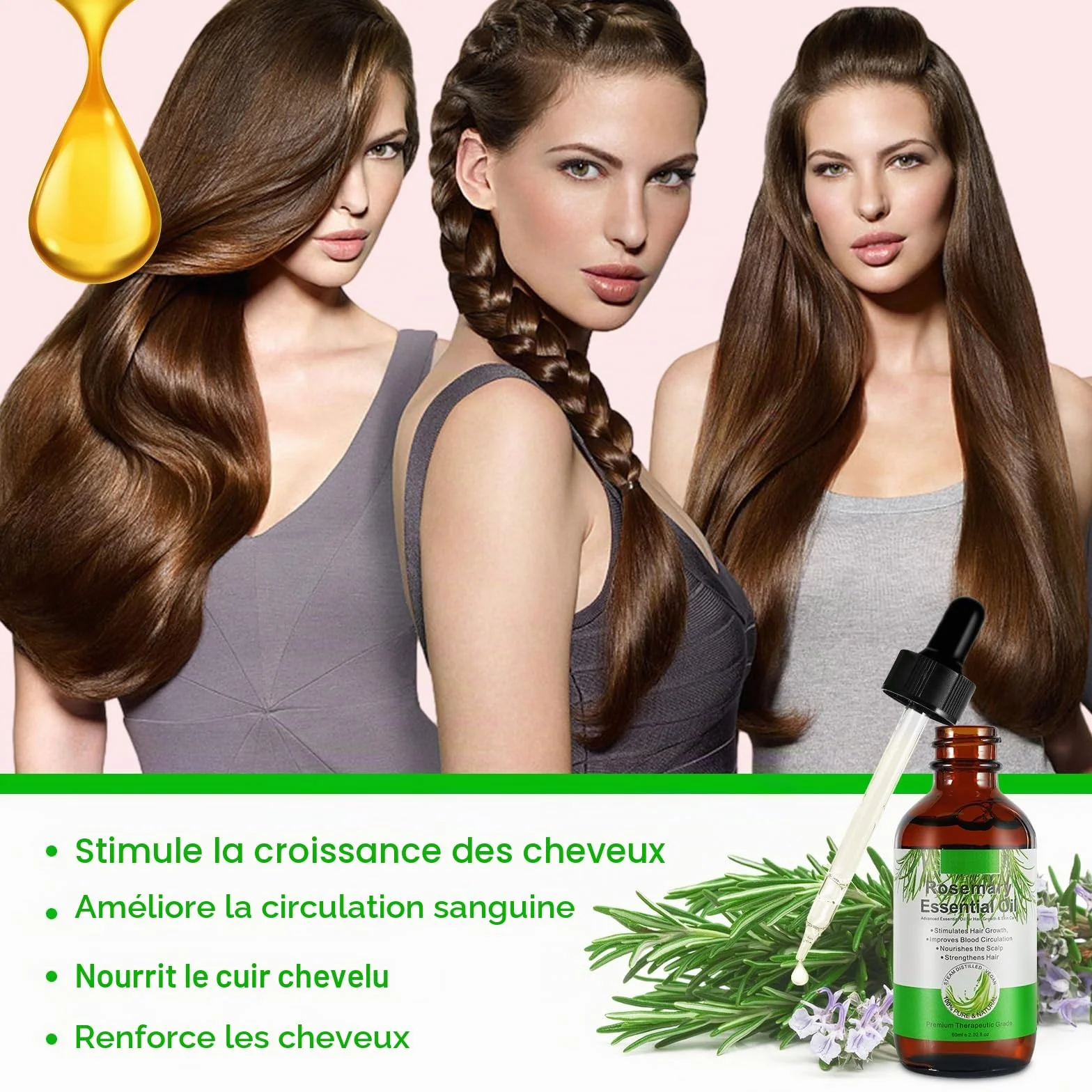 Huile de Romarin 60ml Masseur Cuir Chevelu 100% Pure Essentielle Croissance Cheveux Cils Sourcils