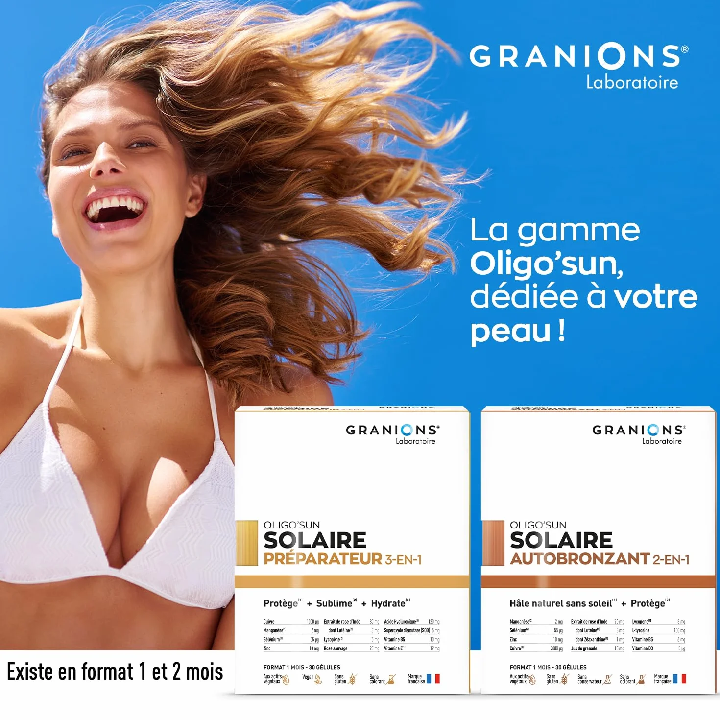 GRANIONS Bronzage Autobronzant Gélule 2-en-1 Complément Alimentaire Accélérateur Bronzage 60 Gélules Made in France