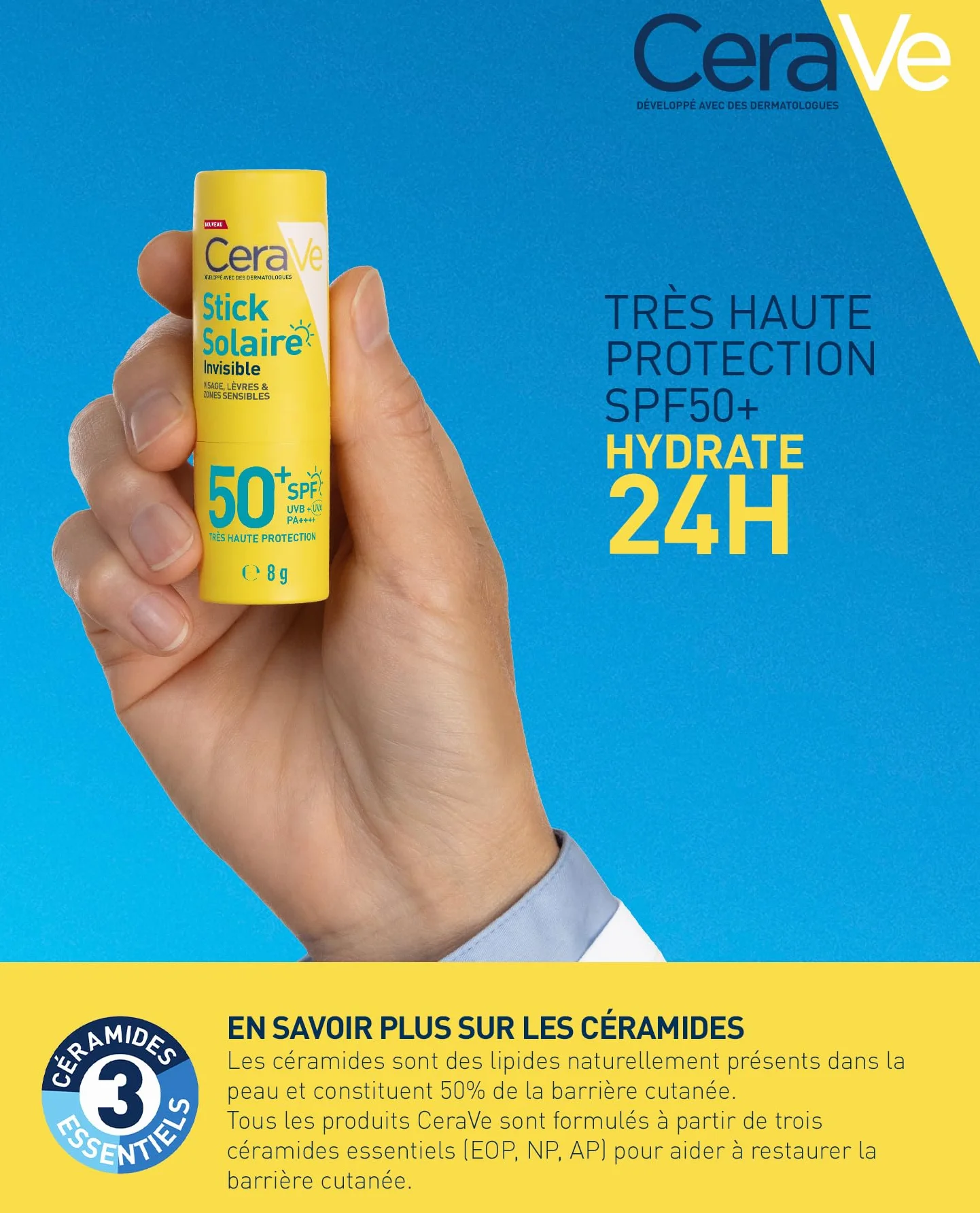 CeraVe Stick Solaire Invisible SPF 50+ Visage 3 Céramides Hypoallergénique