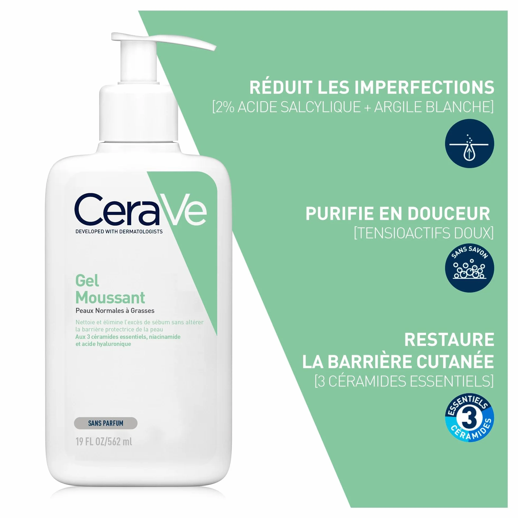 CeraVe Gel Moussant Nettoyant 562 ml Acide Hyaluronique Céramides Niacinamide Peau Normales à Grasses