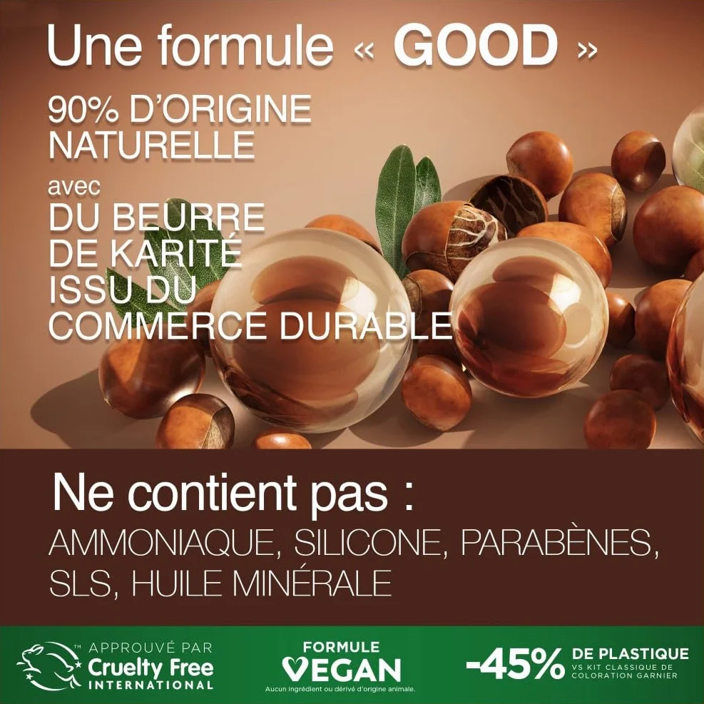 Garnier Coloration Permanente Sans Ammoniaque 90% Ingrédients Naturels Vegan Beurre de Karité 100% Couverture Cheveux Blancs Cuivré Épicé 7.43