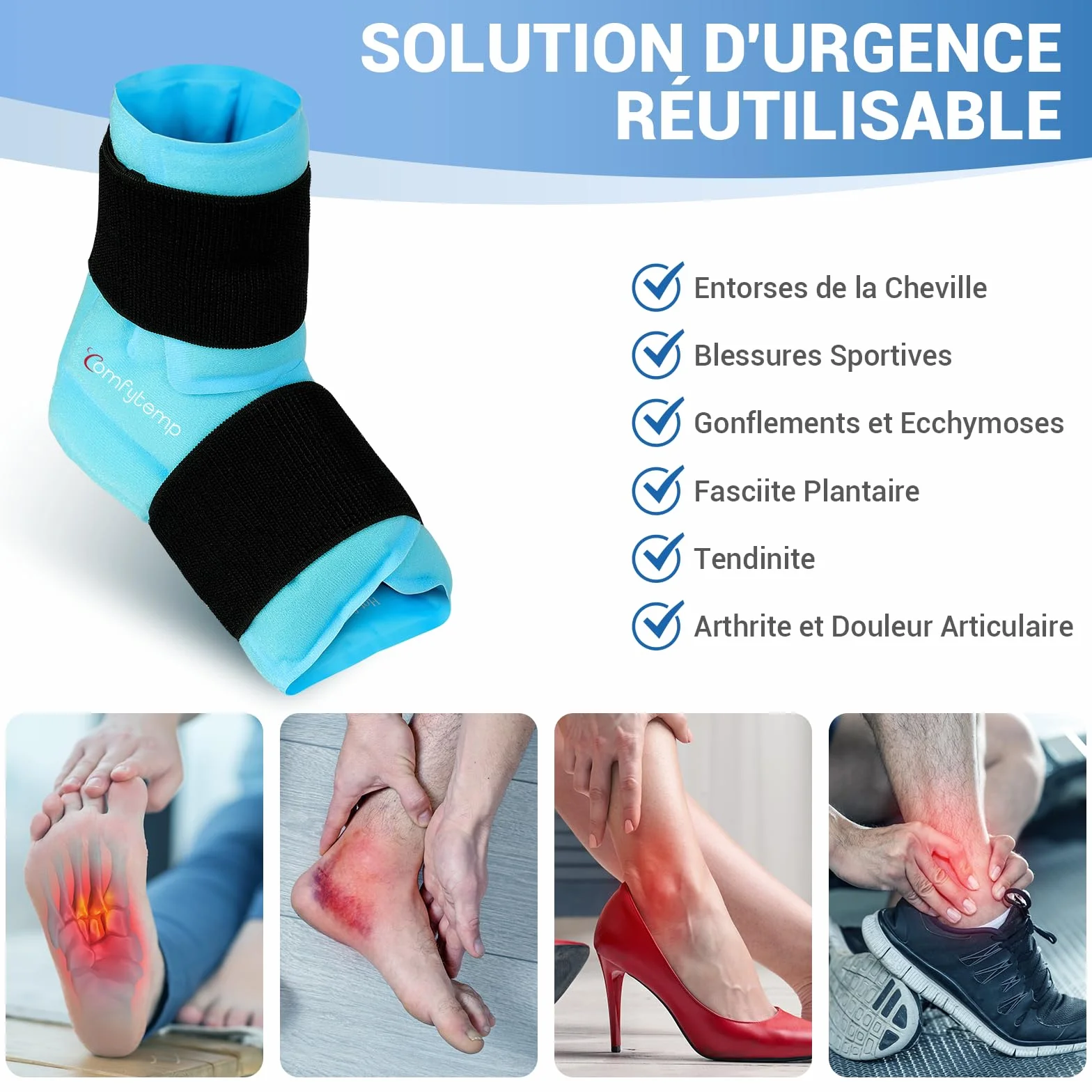 Comfytemp Poche de Glace Cheville Pied Thérapie Chaud Froid Soulager Douleur Fasciite Plantaire Entorse Gonflement Tendinite Achille 1 Unité