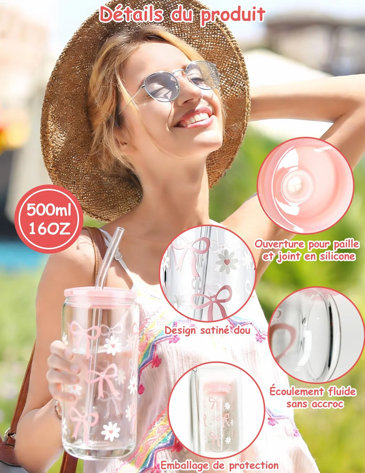 Cadeaux pour Filles 9 10 11 12 13 14 15 16 17 18 Ans, Idées Cadeaux Ensemble Cadeau, Cadeau Fille 9 à 18 Ans, Anniversaire Cadeaux de Saint-Valentin Tasses en Verre de Fille avec Paille et Couvercle