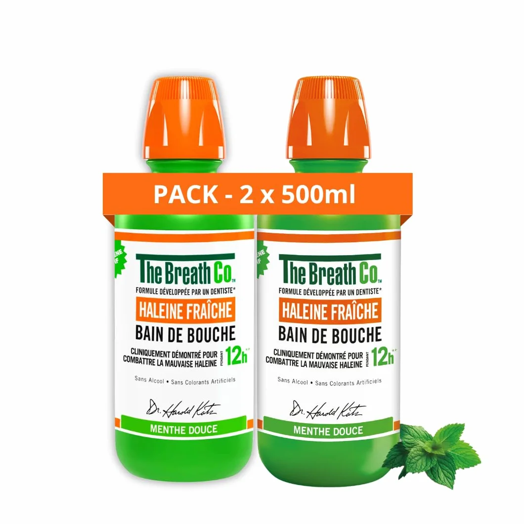 Bain de Bouche Sans Alcool The Breath Co Haleine Fraîche 12h Menthe Douce Lot de 2 x 500ml