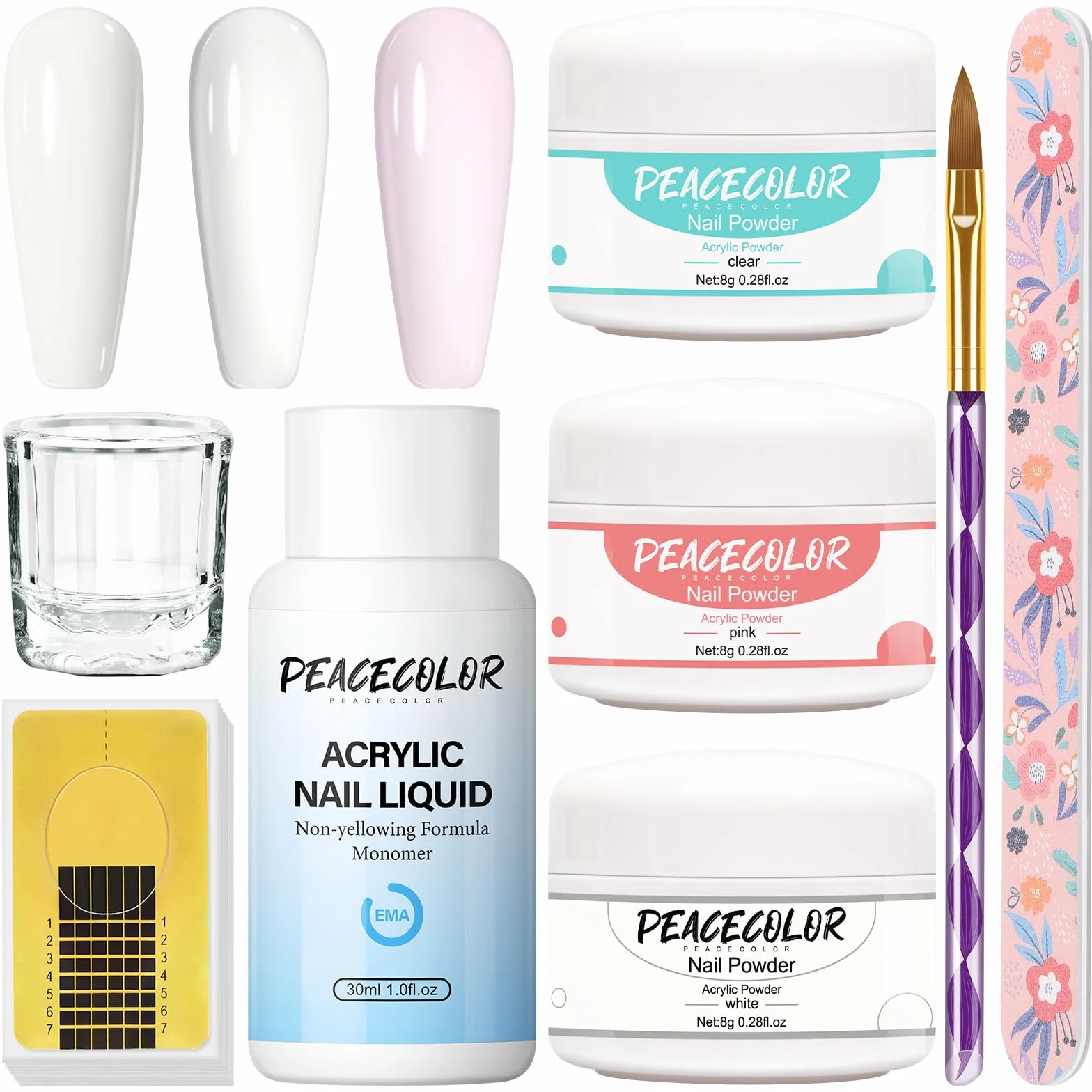 PEACECOLOR Kit Ongle Acrylique Complet Pour Ongles Faux, 3pcs Acrylique Poudre Blanc Rose Transparent avec Liquide kit pour Ongle Construction