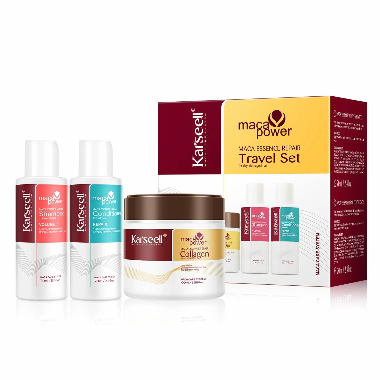 Karseell Coffret de Soins Capillaires, Collagen Masque Cheveux + Shampooing Volumateur +Après-Shampoing, Kits de Voyage pour Tous Types de Cheveux