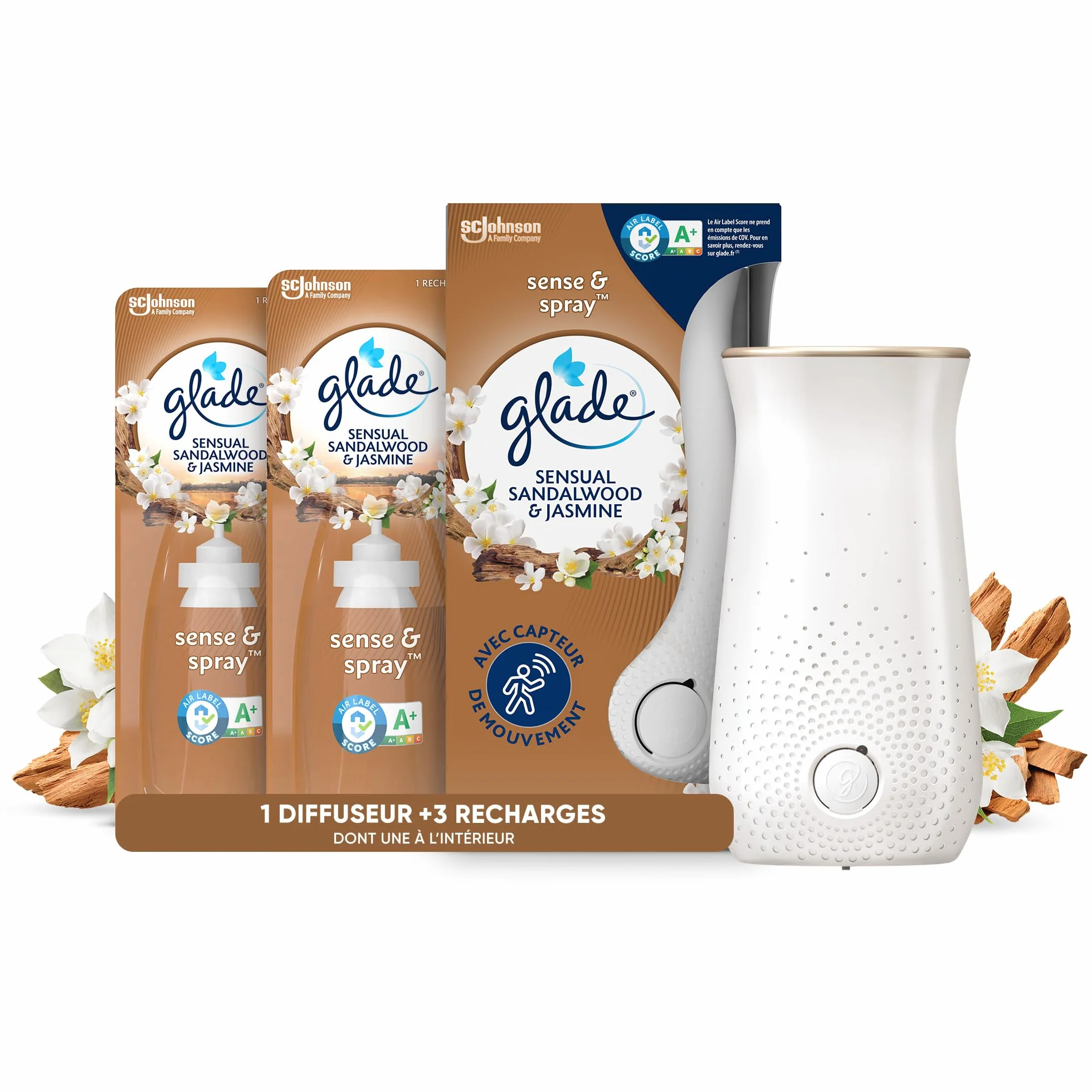Glade Sense et Spray Diffuseur à Détection de Mouvement - Sensual Sandalwood & Jasmine - 1 Diffuseur et 3 Recharges 18ml