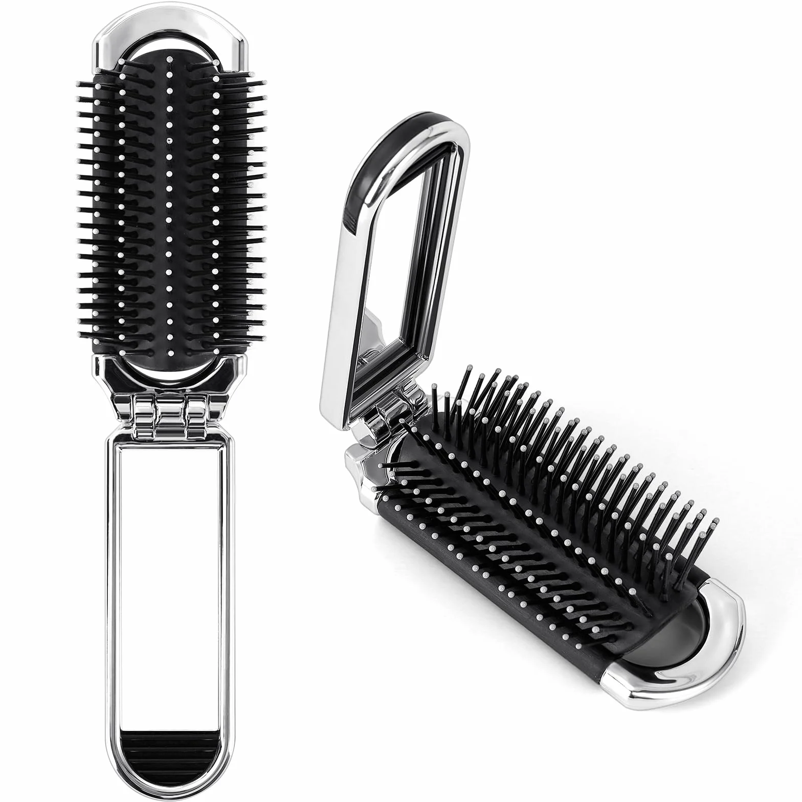Brosse à Cheveux de Voyage Pliable avec Miroir, Mini Brosse de Poche pour Femme, Argent