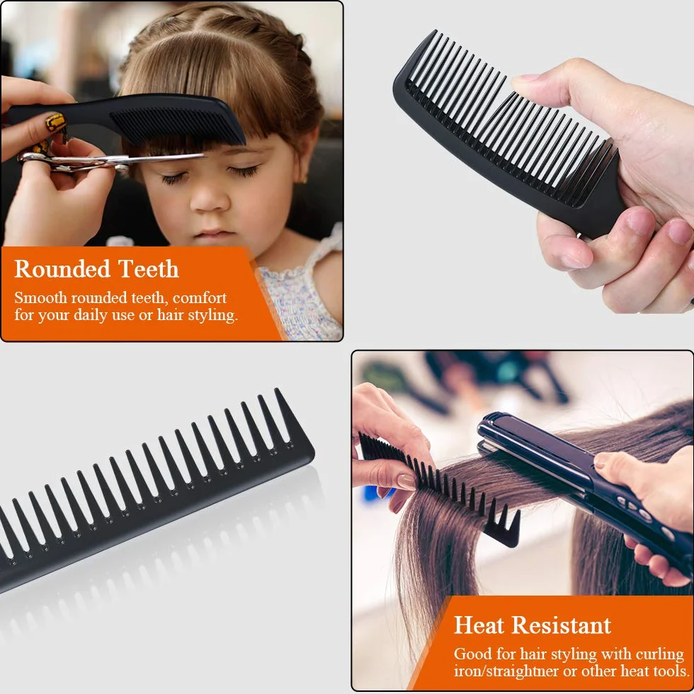 Peignes à dents larges résistants à la chaleur antistatiques carbone pour cheveux longs bouclés