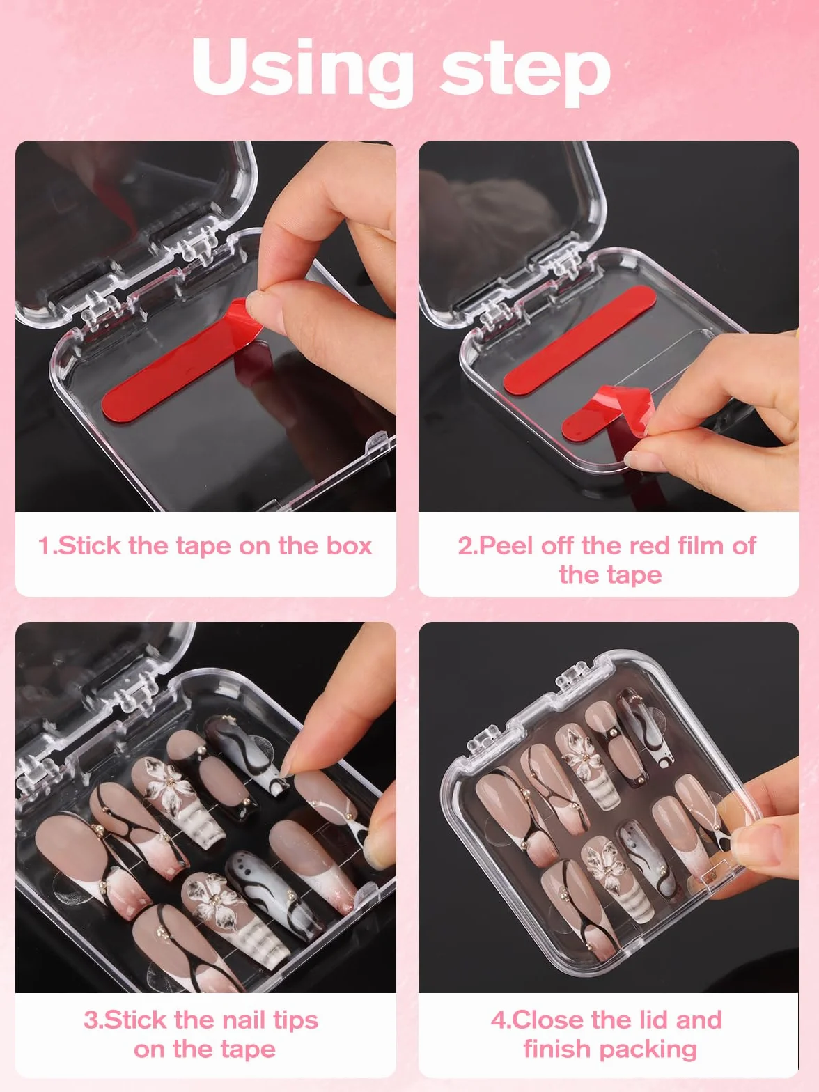 24 pièces Ensemble Boîtes Rangement pour Ongles, Kalolary Boîte Rangement Transparente Faux Ongles avec 4 feuilles Ruban Adhésif Double Face Amélioré Présentoir Transparent Faux Ongles Presser Salon