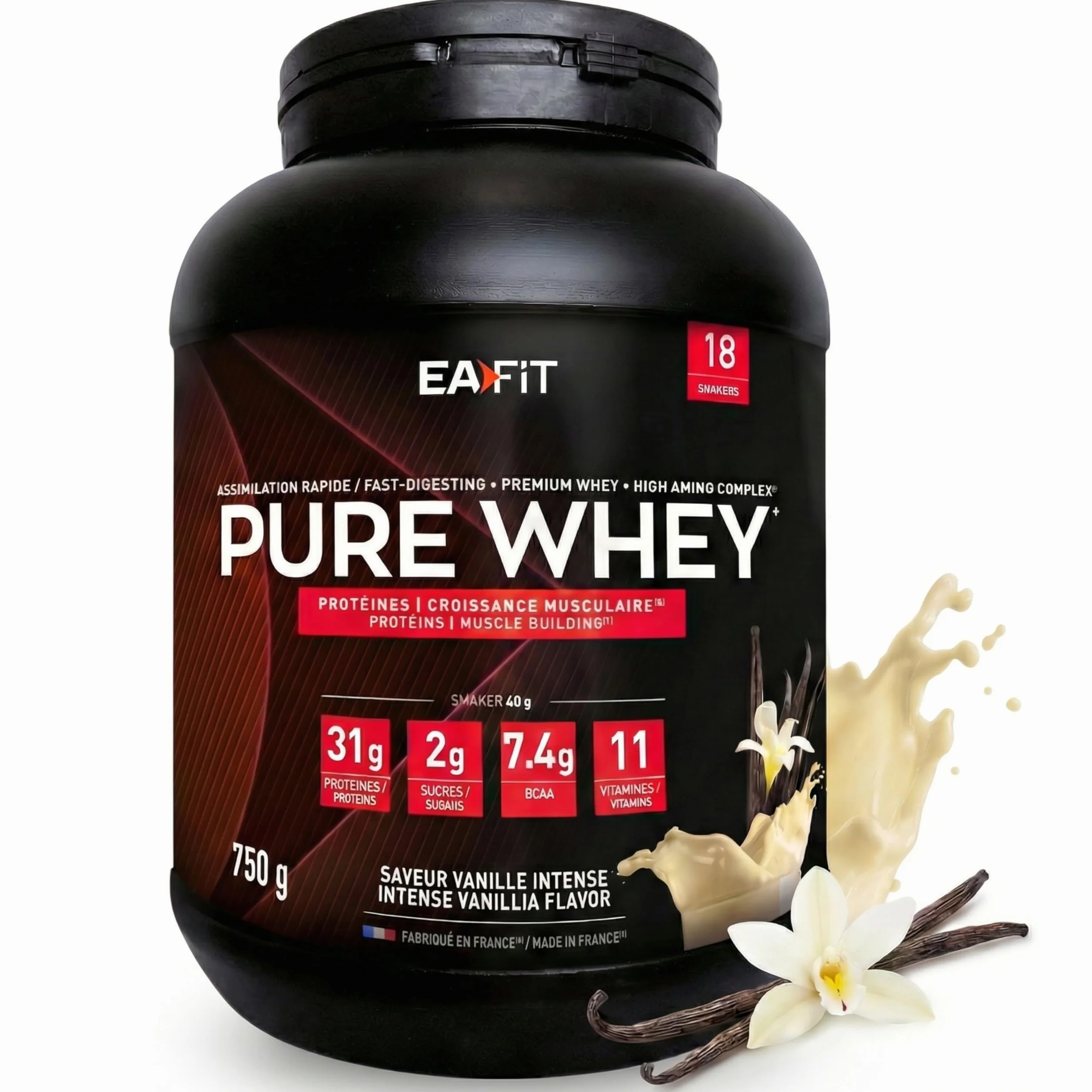 EAFIT WHEY PROTEIN Vanille 750g 31g Proteine BCAA Shaker Pre Workout
