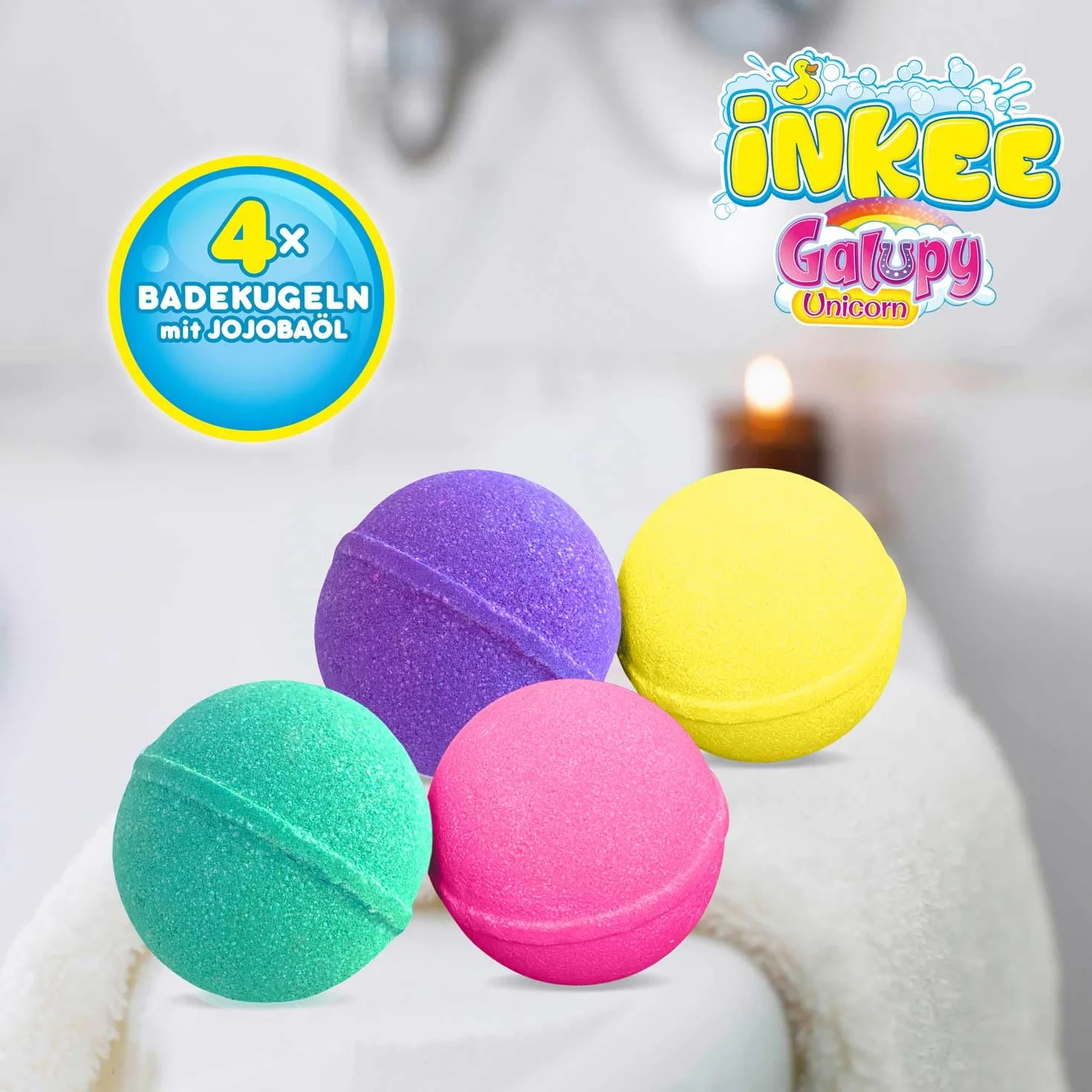 INKEE GALUPY UNICORN Pack de 4 Bombes de bain enfant 4 couleurs parfum Chewing-gum huile Jojoba 4x50g