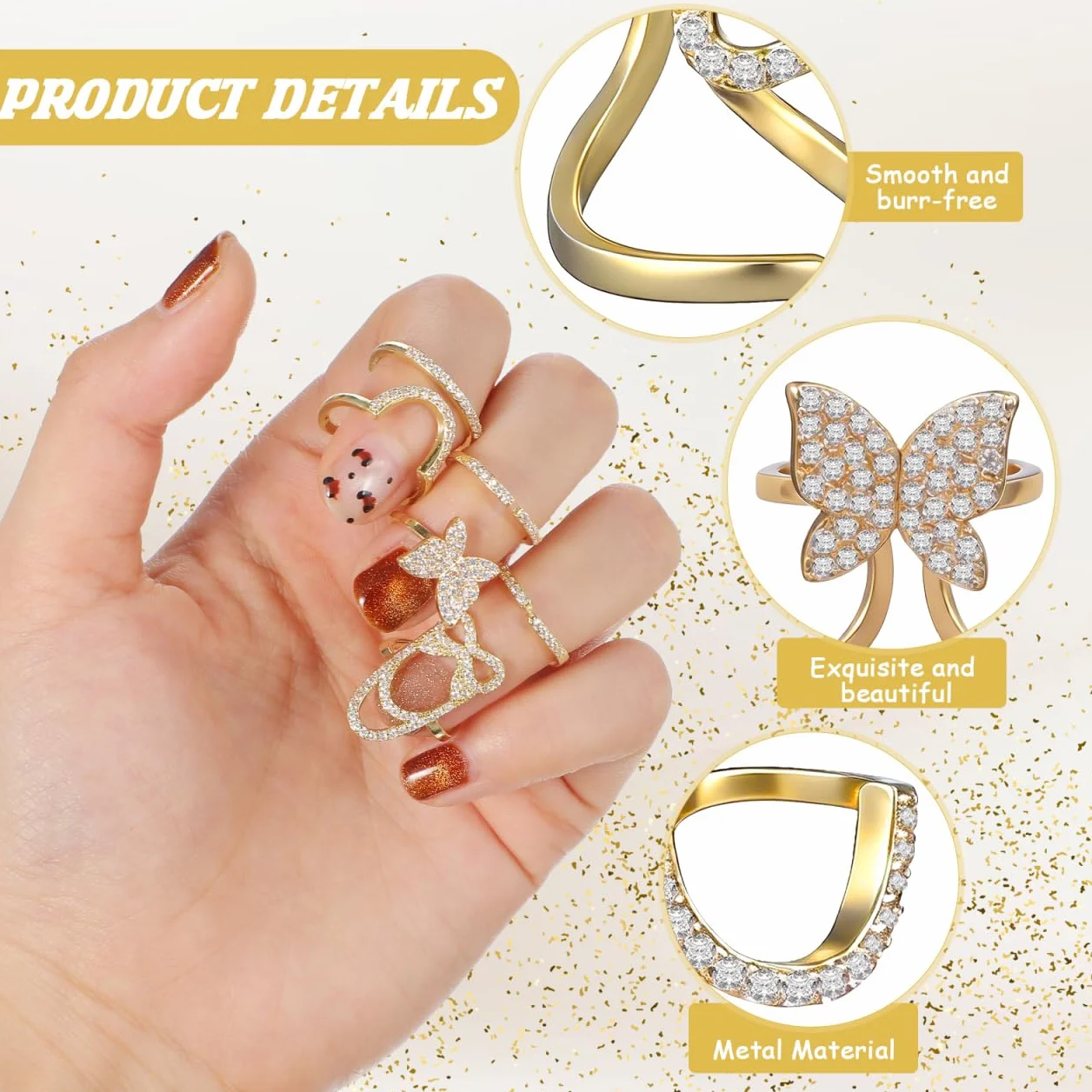 Bagues À Ongles Zircon Strass Nail Art Bijoux Décoration Pour Femmes 3 Pièces