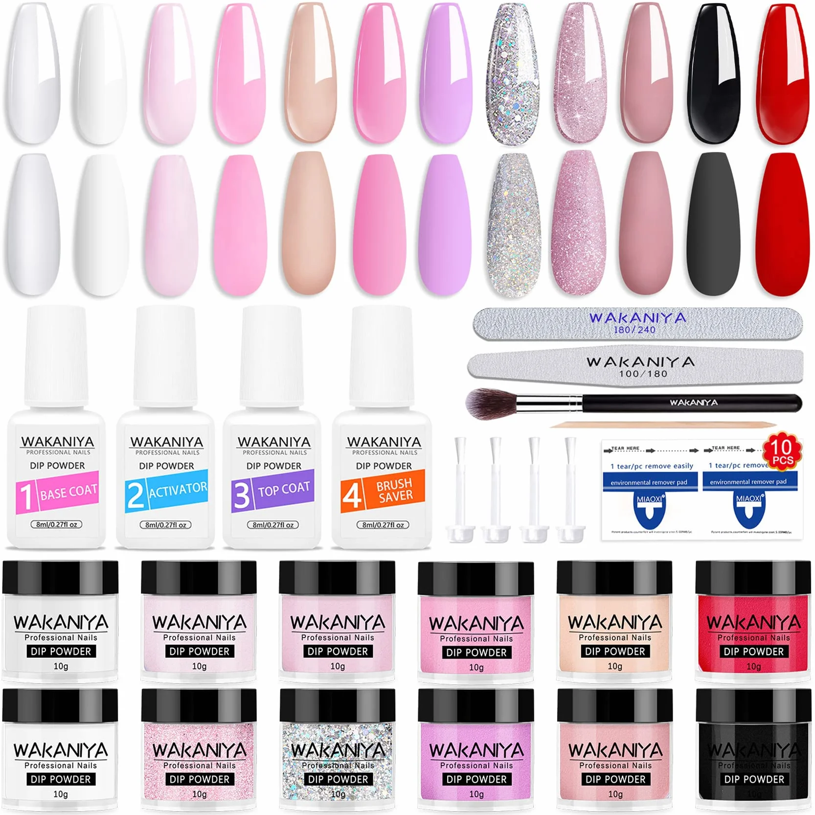 Kit de Poudre à Ongles 34Pcs 12 Couleurs Dip Powder Noir Blanc Paillette Acrylique Transparente avec Base Finition Activateur Pinceau Nail Art Manucure