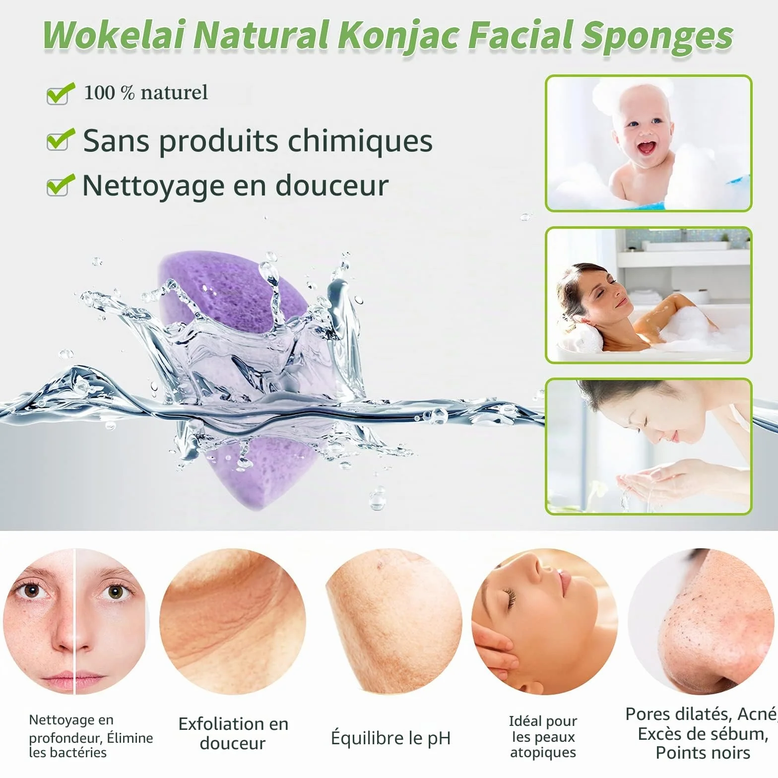 Lot de 6 éponges Konjac naturelles pour le visage avec charbon actif et aloe vera