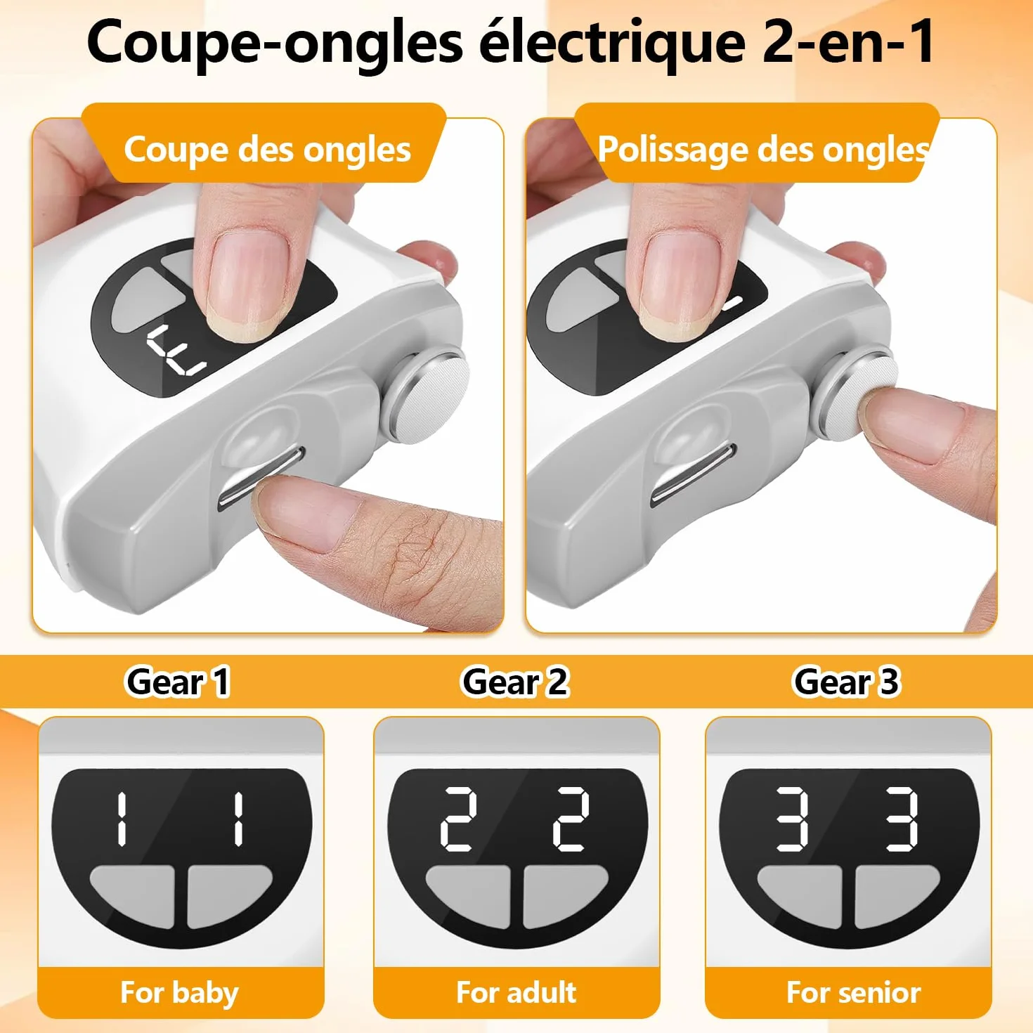 Coupe Ongle Électrique Pied et Main, 3 en 1 Lime a Ongle Electrique et Polisseuse, Coupe-ongles automatique avec à lumière LED, 3 Vitesses Faible bruit, Pour Bébés, Adultes, Personnes Âgées - Gris
