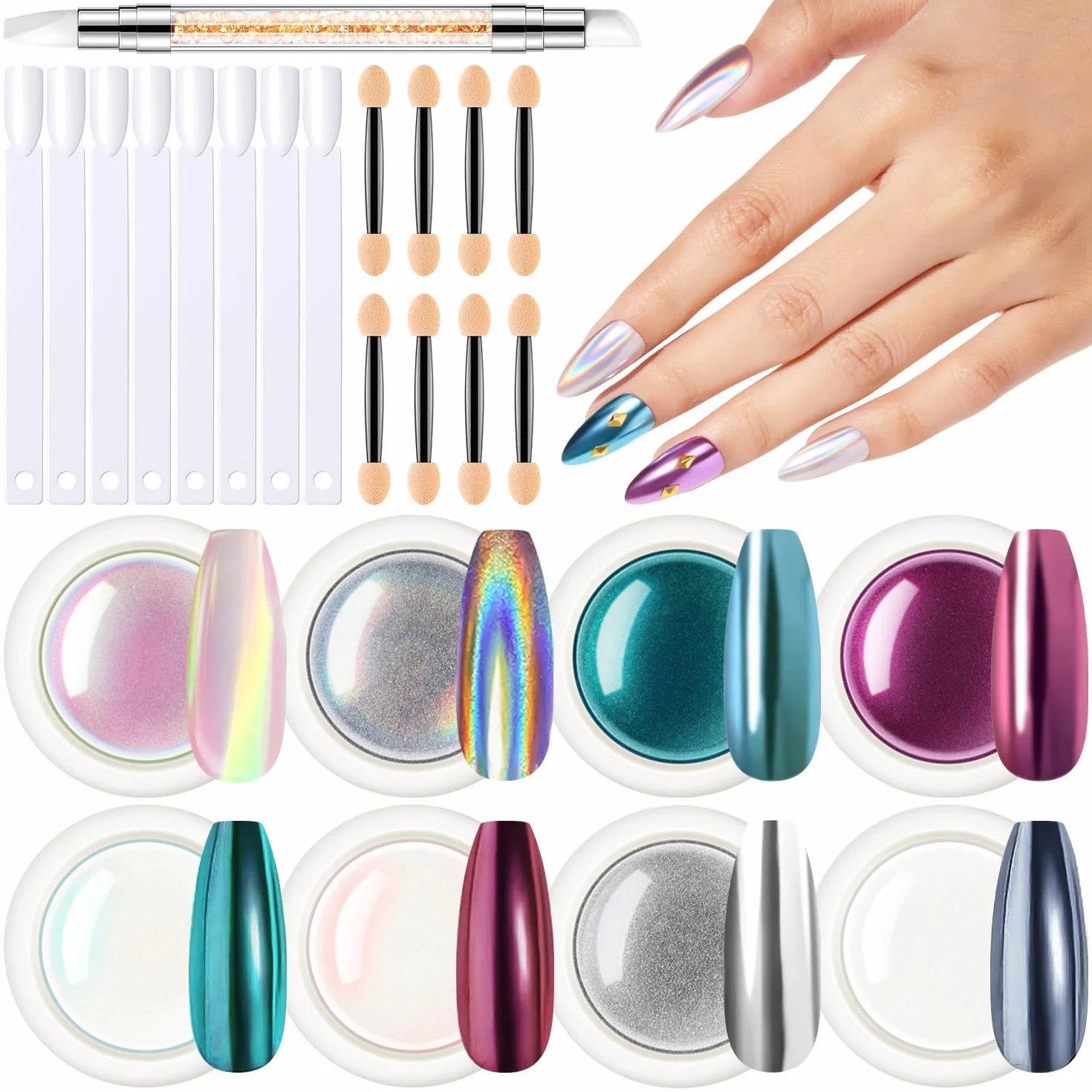 MODELONES Perle Poudre Chrome Ongles Blanc 25PCS avec Fards Chrome Nuanciers Palettes Ombres Yeux Stylo Détail Vernis Poudre Manucure