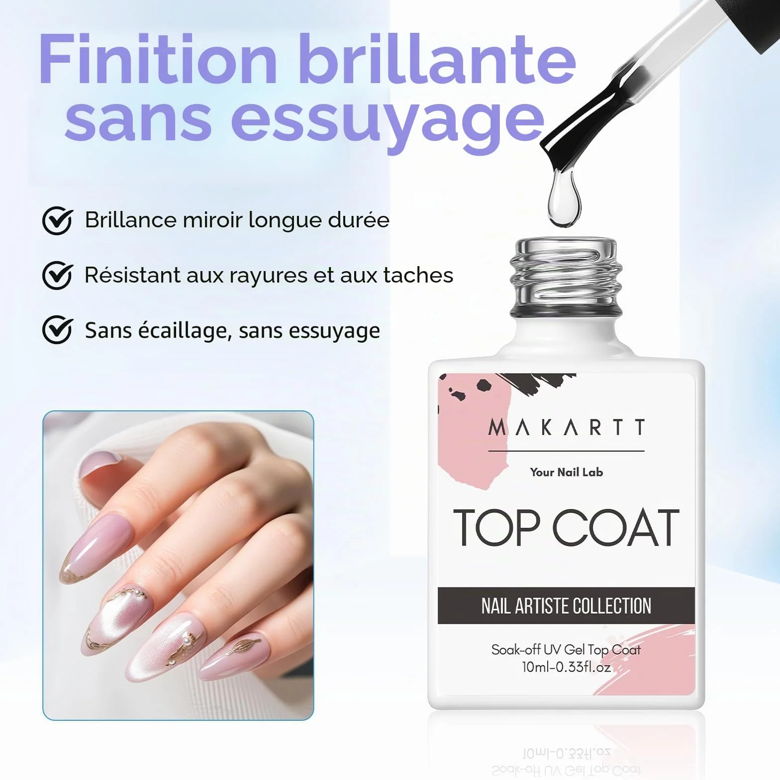 Makartt Top Coat Semi Permanent Base Top Coat Vernis à Ongles Gel Longue Tenue Finition Brillante Lampe UV LED Nécessaire 2Pcs