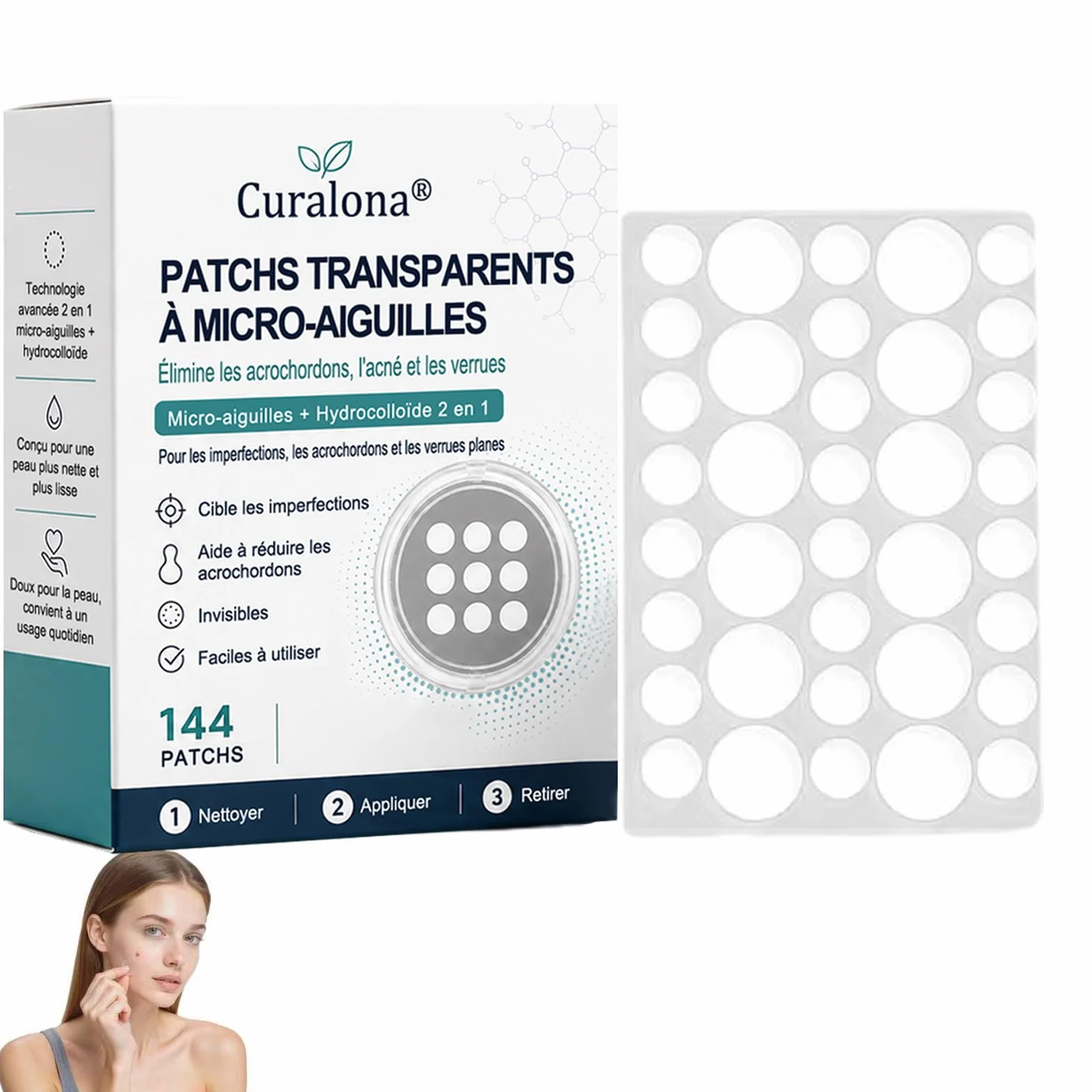 Curalona Patch 2-en-1 Microneedle & Hydrocolloïde 144 Pièce Invisible Imperméable Transpirable