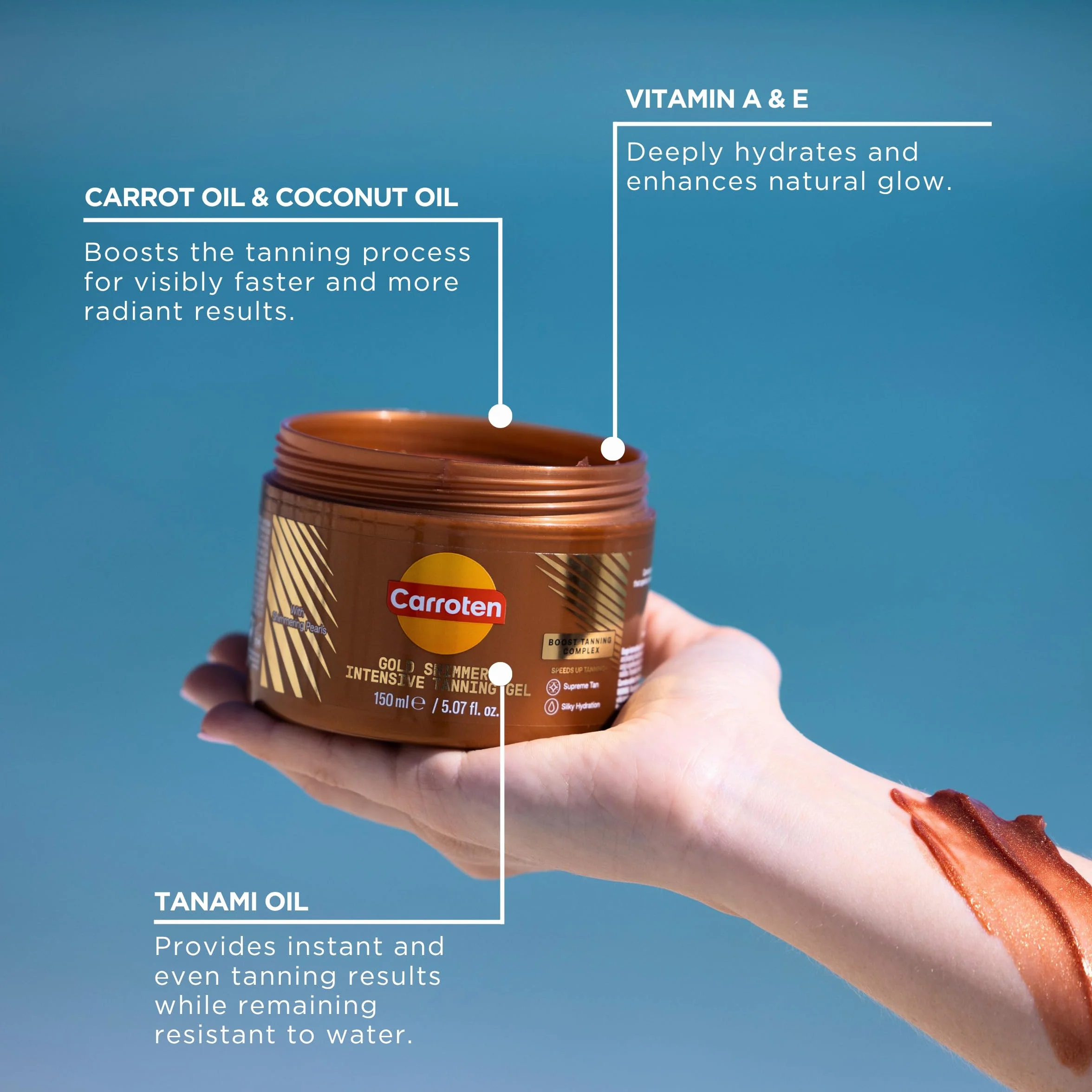 Carroten Intensive Tanning Gel GOLD 150ml - Accélérateur de Bronzage - Huile de Bronzage - Activateur de Bronzage - avec Perles Paillettes - SPF0