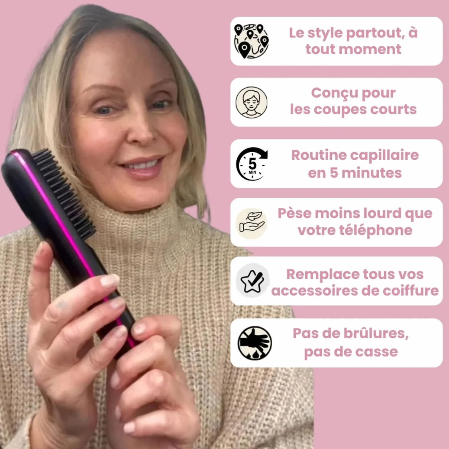 Brosse Cocoony Lisseur Balai Sans Fil Cheveux Courts 3 Niveaux Chaleur Écran LED USB-C