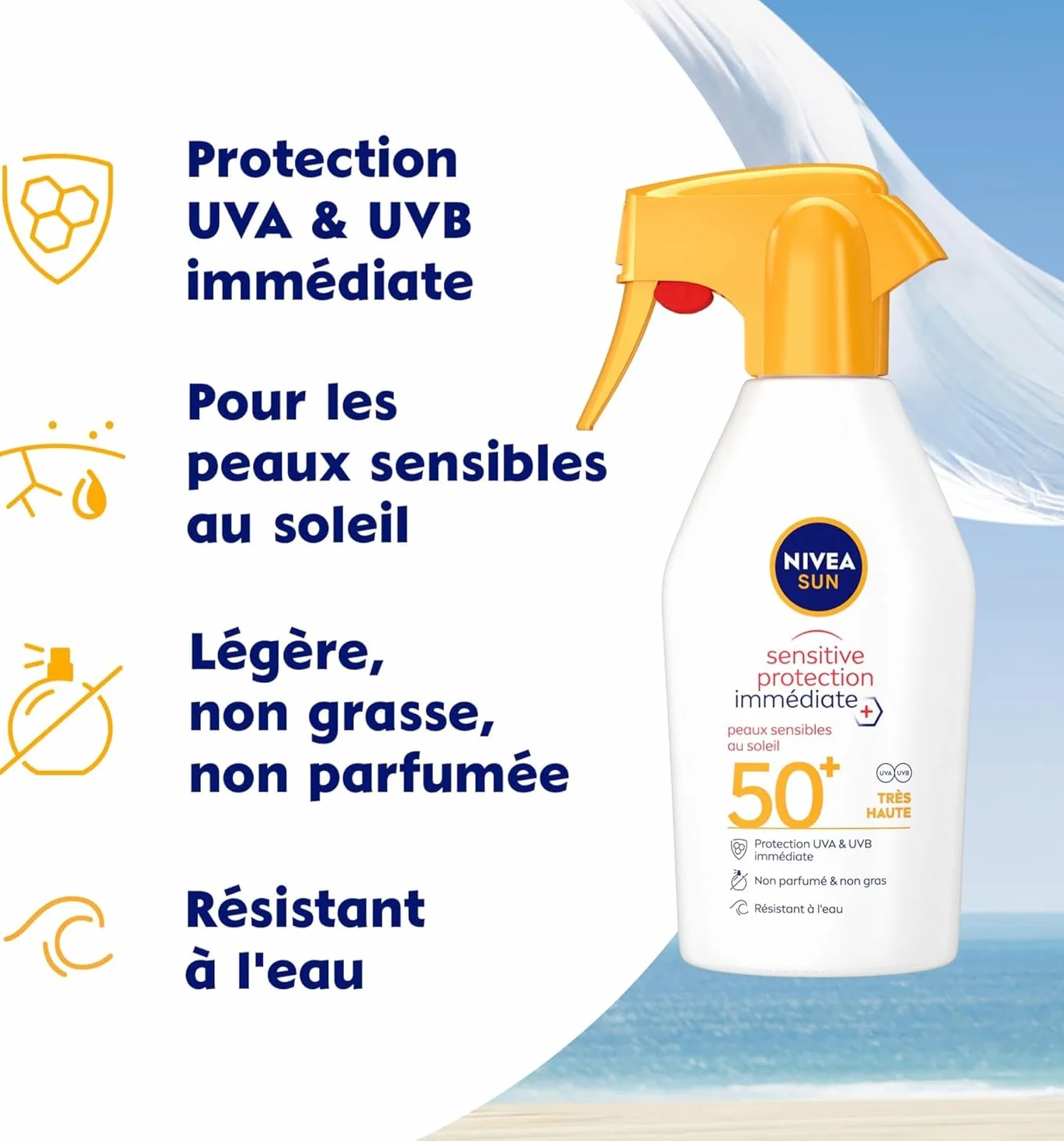 NIVEA SUN Spray Solaire Sensitive Protection Immédiate Peaux Sensibles FPS 50+ 250 ml