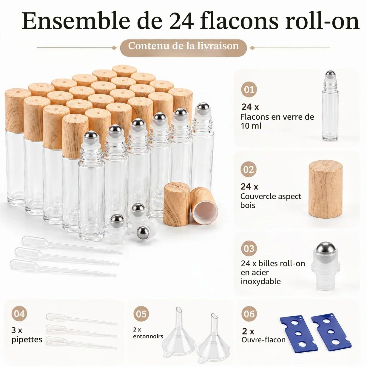 CYEER 24 Flacons Roll On Vide 10ml, Bouteilles en Verre Transparent avec Billes en Acier Inox et Bouchons Aspect Bois, Kit DIY pour Huiles Essentielles, Parfum, Aromathérapie et Voyage