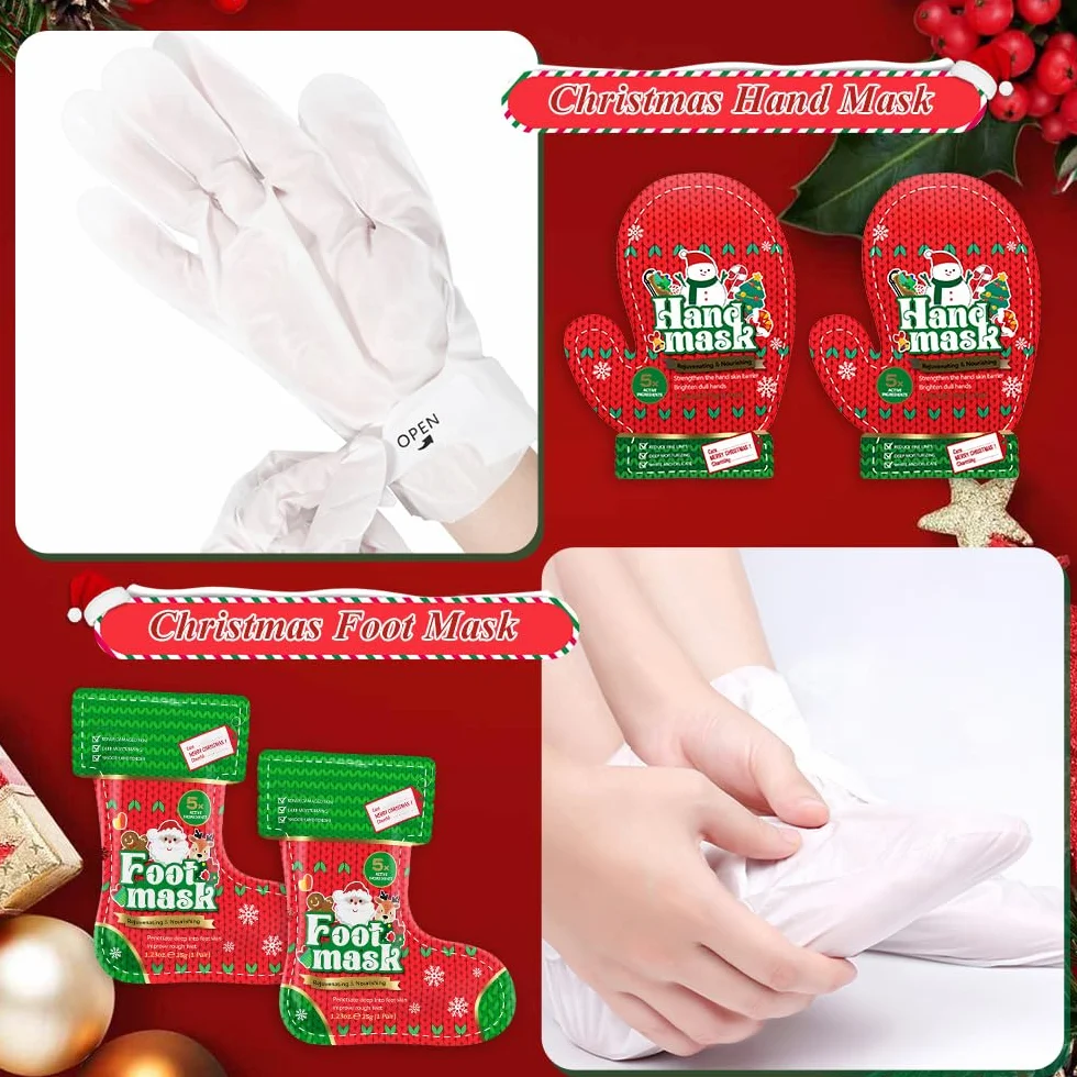 Set de Masques Mains et Pieds Christmas, 2 Pièces Exfoliant Pied, Soin Réparateur Peaux Sèches