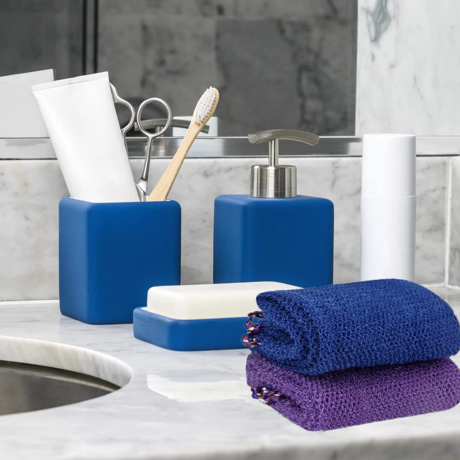 Filet de Bain éponge Exfoliante Gommage Corps 3 Pcs Doux Durable Bleu Violet Marron