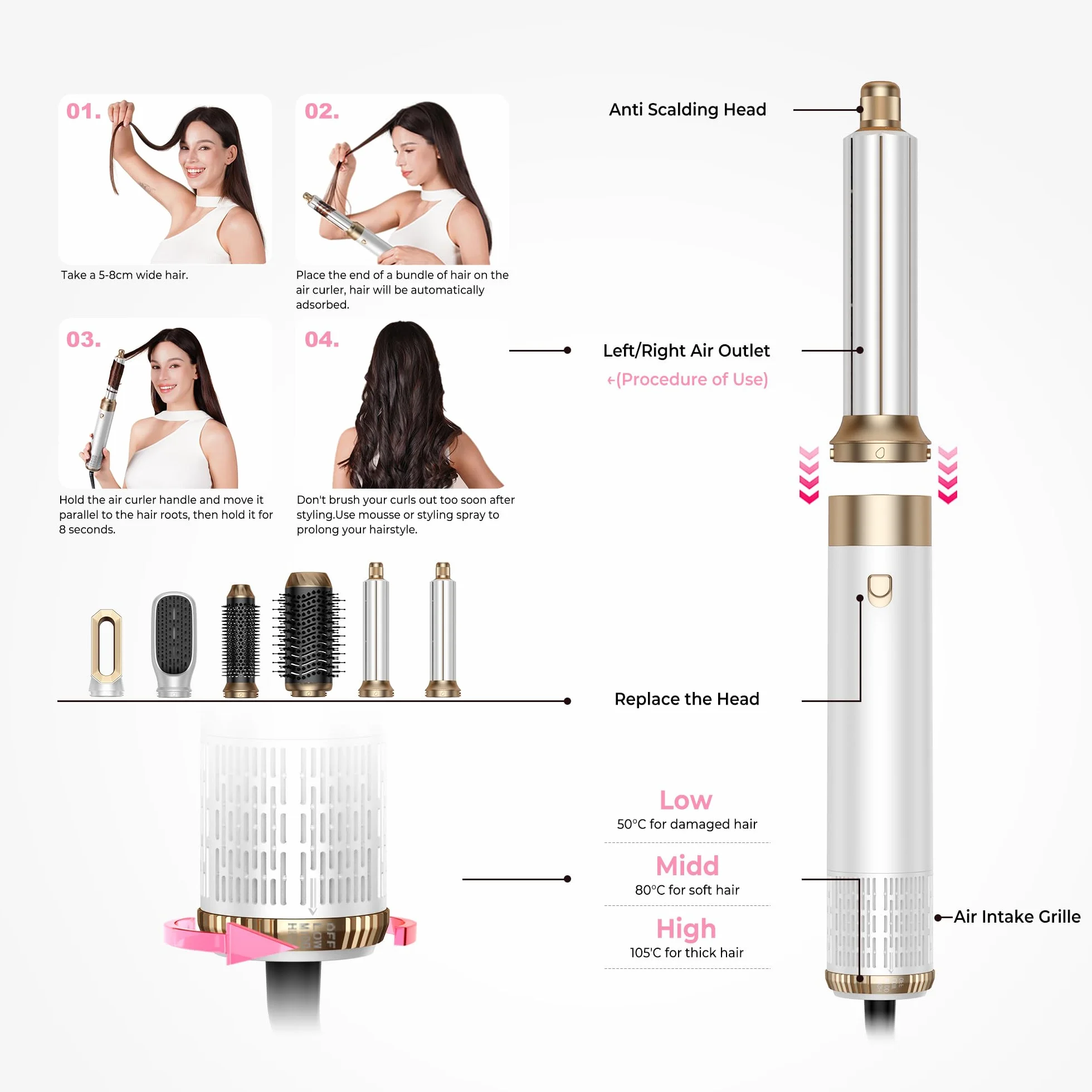 MogaWave Pro Airbrush Hairstyler 6 en 1 Air Styler 1000W Seche Cheveux Brosse Soufflante Multi-Styler