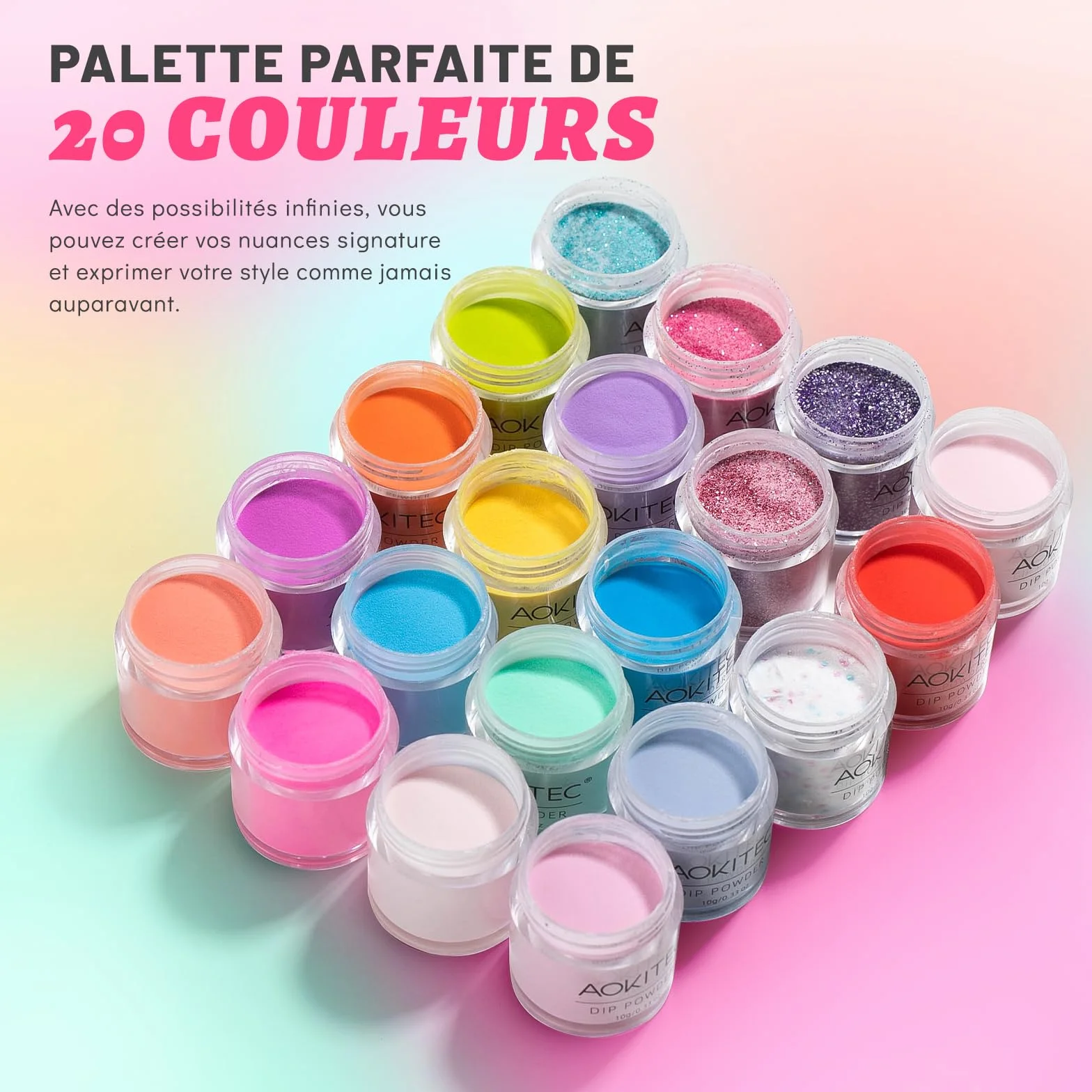 Aokitec Kit 36 poudres à ongles avec poudre de construction 20+1 couleurs activateur base tremper couche finition nail art