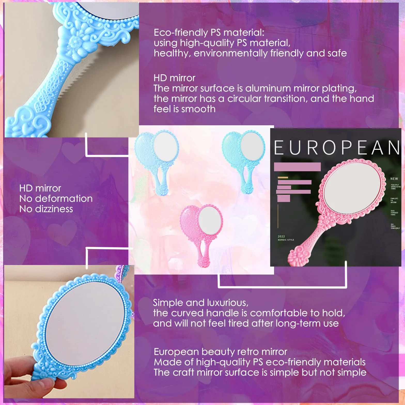 Miroir Coiffeur Petit Miroir Main Ovale avec Poignée Cosmétique Rose Vert Bleu