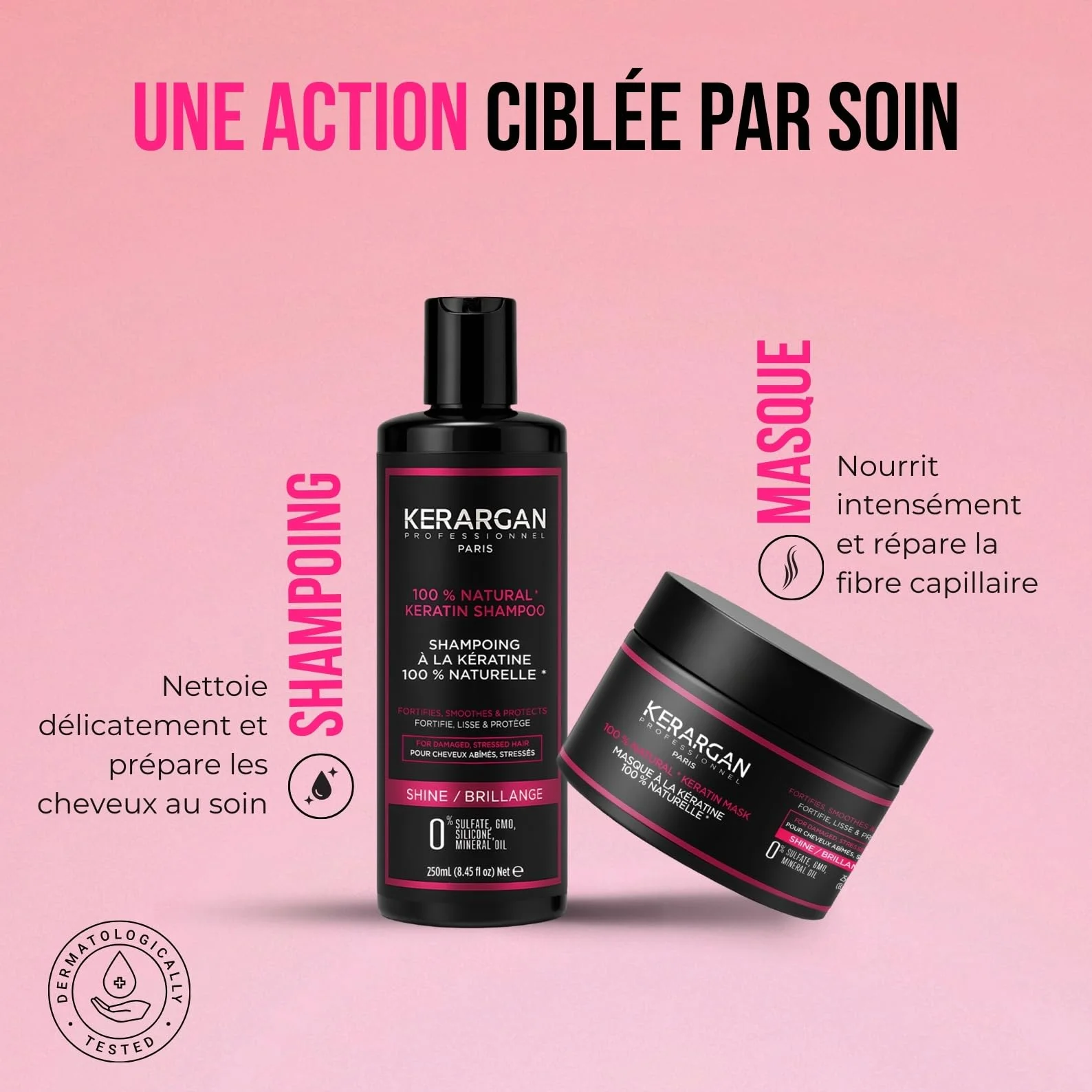 Kerargan - Duo Ultra Réparateur Shampoing & Masque à la Kératine pour Cheveux Abîmés et Stressés - Nourrit, Lisse, Protège - Sans Sulfate, Silicone, OGM, Huile Minérale - 2x250 ml