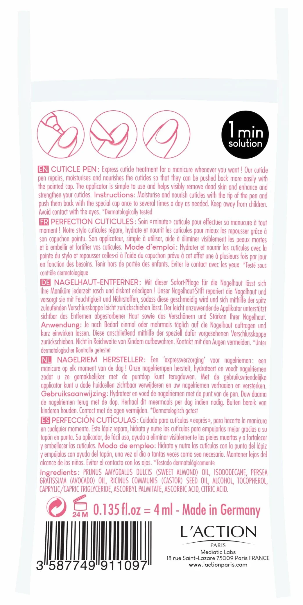 L'Action Paris Stylo Nourrissant Cuticules 4ml Répare Hydrate Extrait d'Avocat