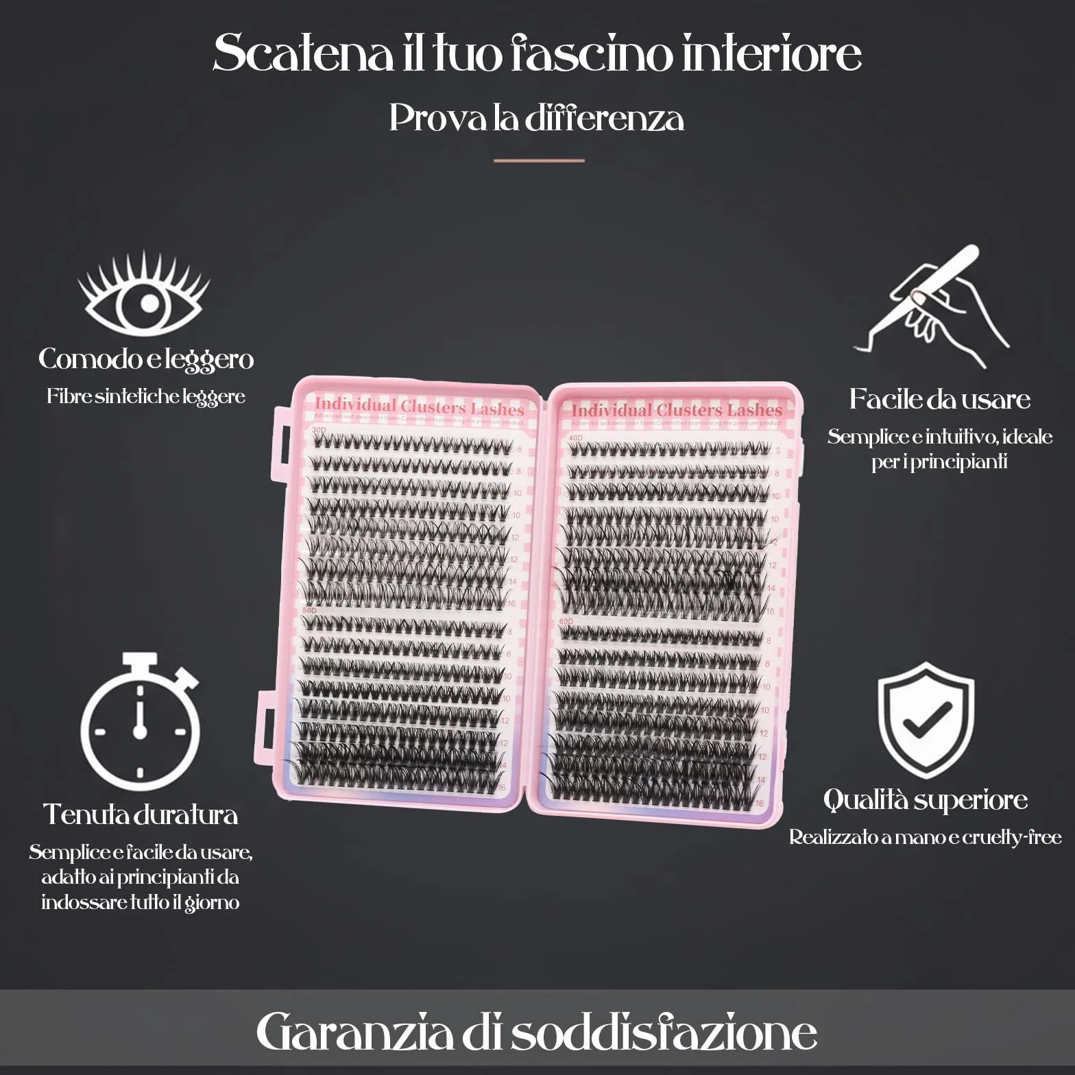 VEGCOO 640 Pièces Faux Cils Individuel 30-40-50-60D Kit d'Extensions de Cils Naturels Courbés 8-16 mm
