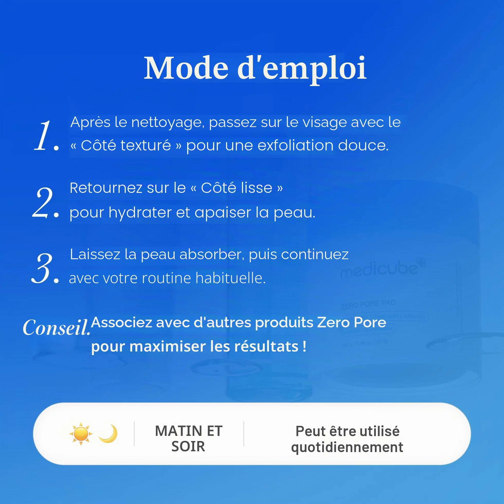 Medicube Zero Pore Pads 2.0, Tonifiants Visage Double Texture Exfoliation Soin Pores 4,5% Acide Lactique AHA 70 Pièces