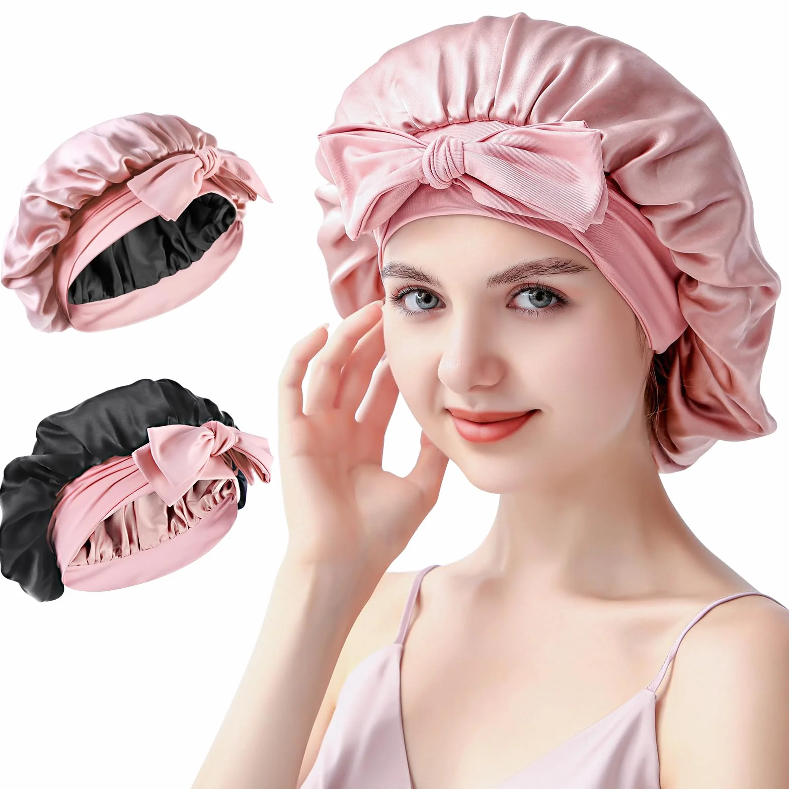bonnet soie cheveux nuit, 22 Momme double couche silk bonnet, 100% soie de mûrier, doux et confortable, utilisable des deux côtés, convient à tous les types de cheveux - Rose