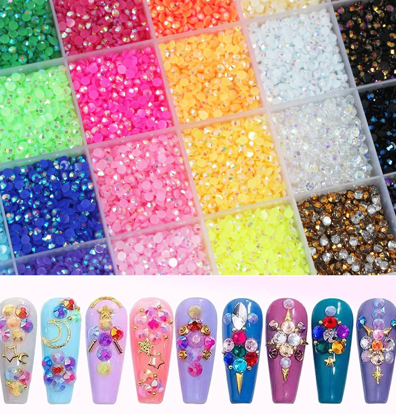 BetterJonny 24000Pcs Strass Ongle Nail Art 24 Couleurs 3mm Cristal Diamants à Dos Plat avec Pincette et Stylo Pointeur