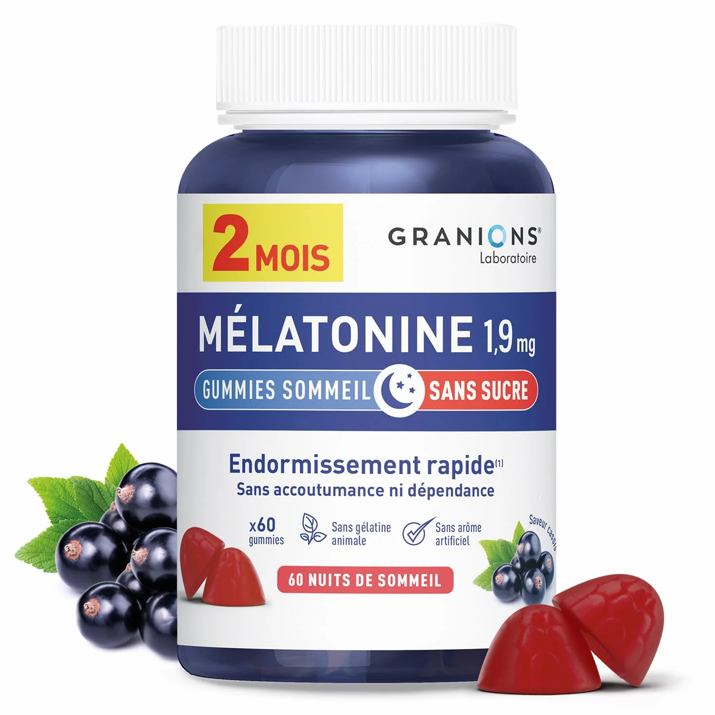 GRANIONS Gummies Sommeil Melatonine 1,9 mg Complément Alimentaire Adulte Vegan Sans Sucres 60 Gummies