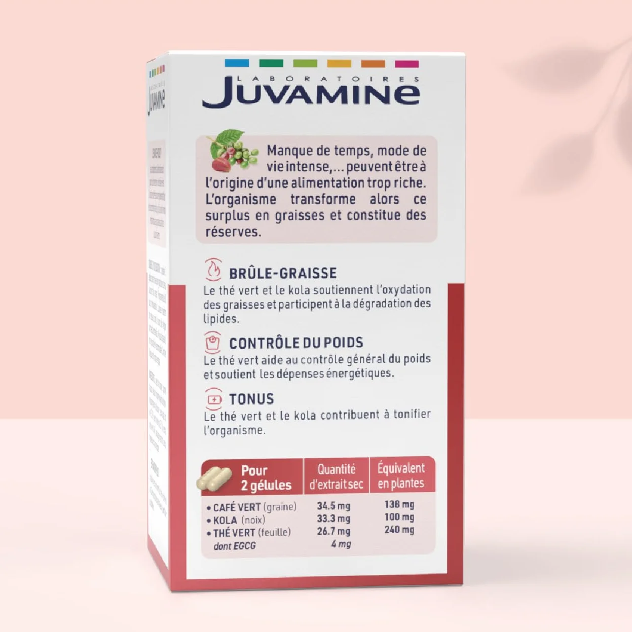 JUVAMINE Brûle Graisse Programme Minceur Thé Vert Kola Café Vert Vegan 60 Gélules Fabriqué en France