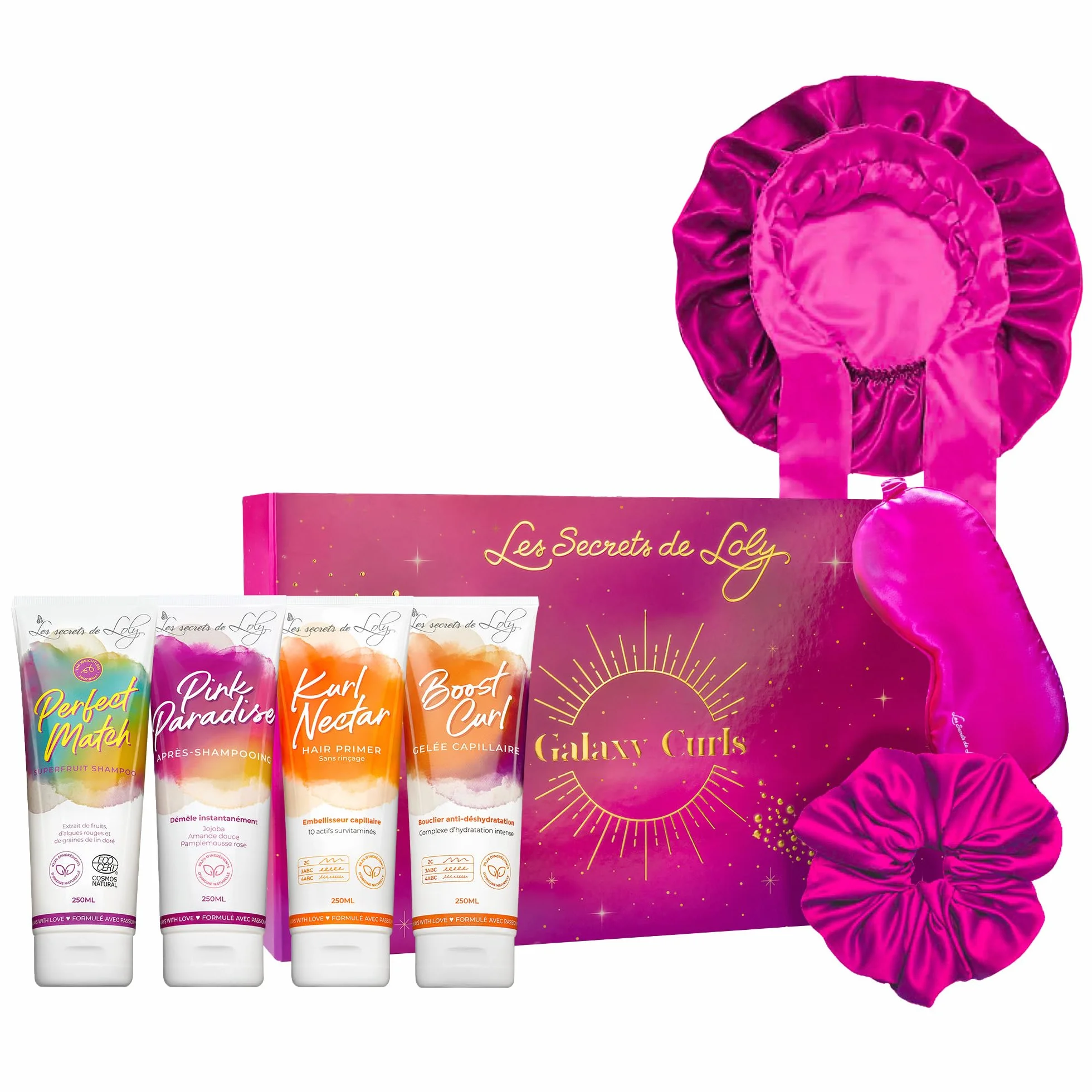 Coffret de Noël Bouclés Les Secrets De Loly Routine Complète 4 Produits + 3 Accessoires Satin Hydratation Intense Définition Cheveux Bouclés Formule Naturelle 97% Galaxy Curls