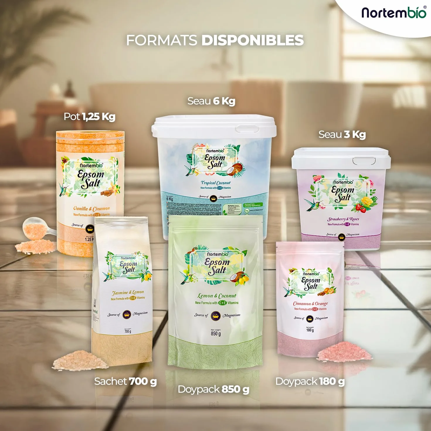 Nortembio Sels d'Epsom Parfumés 6 kg Sel de Bain au Magnésium, Vitamines C & E | Bain de Pieds, Spa Maison, Relaxation et Bien-être | Parfum au Choix + eBook Gratuit (Noix de Coco Tropicale)