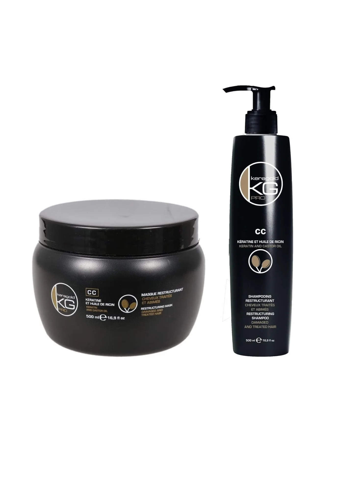 KERAGOLD PRO CC Lot de 2 Soins Capillaires Shampoing Masque 500ml Kératine Huile de Ricin Fortification Croissance Cheveux