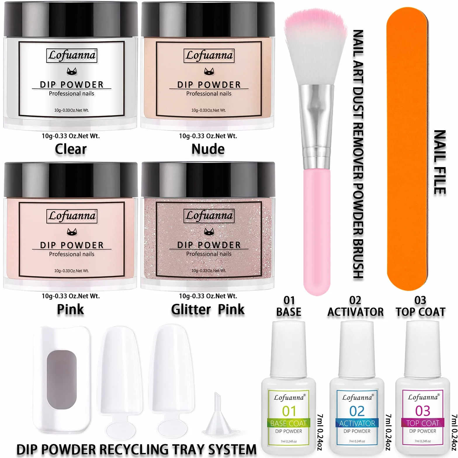 Lofuanna Dip Powder Nail Kit 4 Couleurs Poudre à Tremper avec Base Couche Supérieure Activateur Pas Besoin UV LED Ensemble Manucure Débutantes